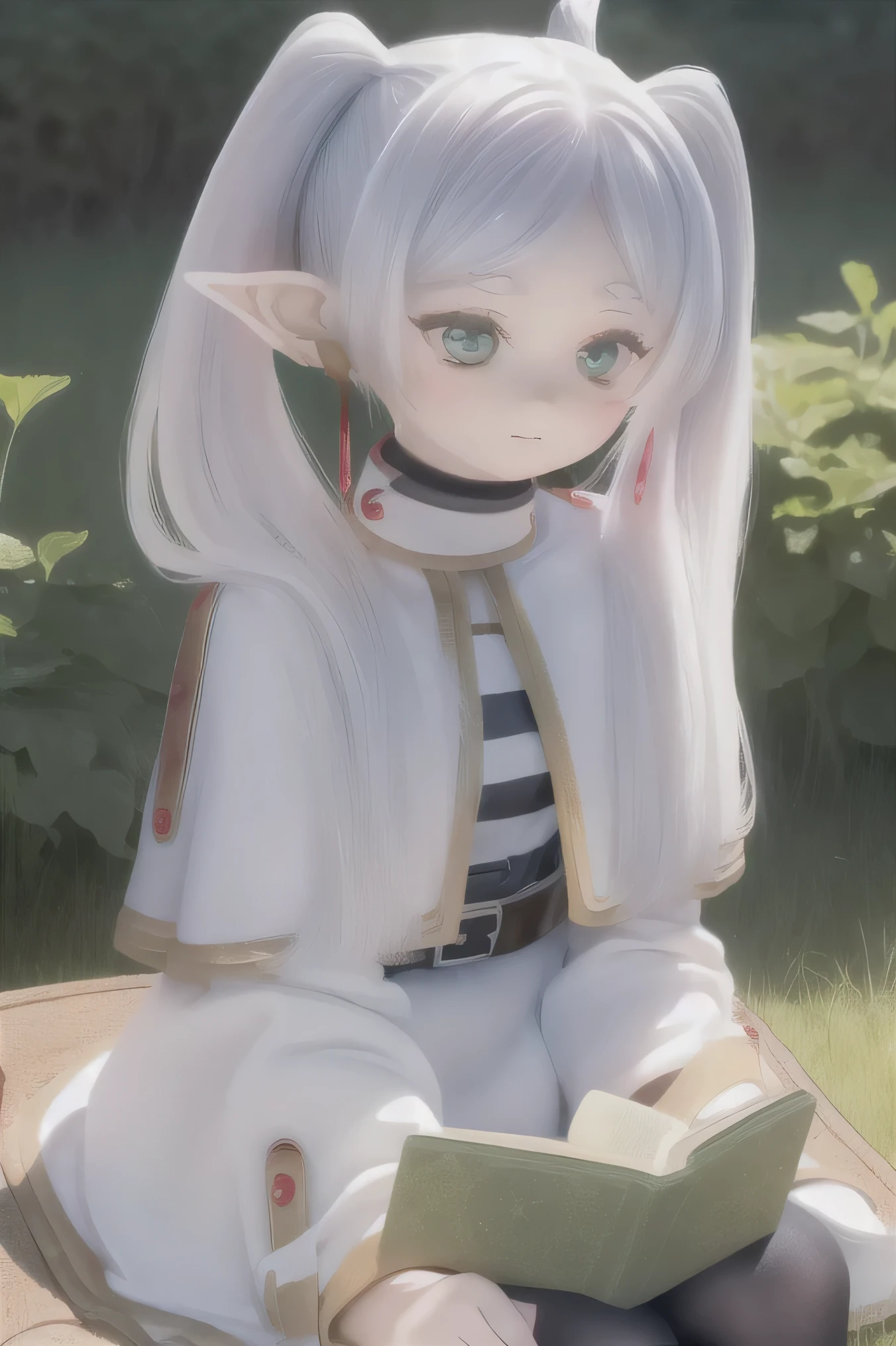 ( top quality,Strange Results :1.3),(Warm lighting:1.2), 1 girl, intricate details ,Natural Face,forest, With the River in the Background , spring, Hands between legs, small breasts,thank you, long hair, Grey Hair, twin tails, holding a star , Women living alone earrings , thick eyebrows, white capelet, Striped Shirt , Long Sleeve , belt, White Skirt, black pantyhose ((((( reading a book)))))