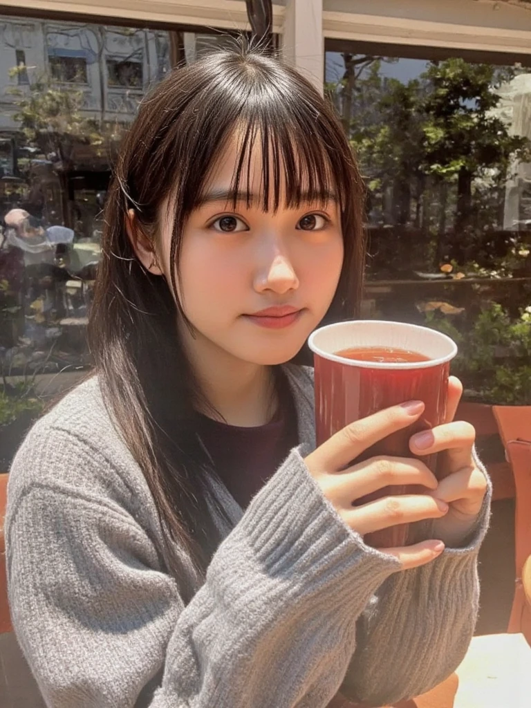 long hair, blur background, Bokeh. she has a drink. White long-sleeved knit. looking at the camera, Detailed and beautiful eyes, Cute smile, A soft and gentle look. She is in a cafe at night. (((ultra highres))),(((extremely detailed))), exceptionally detailed, best quality, 8k resolution, meticulous details, photo-realistic, realistic textures,Perfect big eye, accurate anatomy, ultra HD hair, Beautiful ultra-high definition face, (Beautiful teeth with ultra-high definition depiction:1.1)