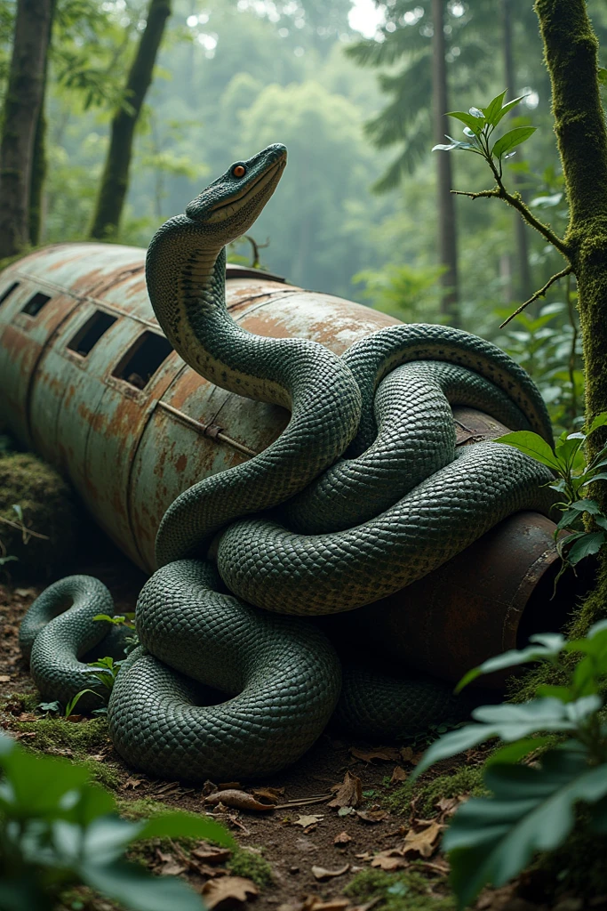  Ul a giant white python creeps along the fuselage of an old derelict transport aircraft, where part of its wing broke off and sank in a swamp 