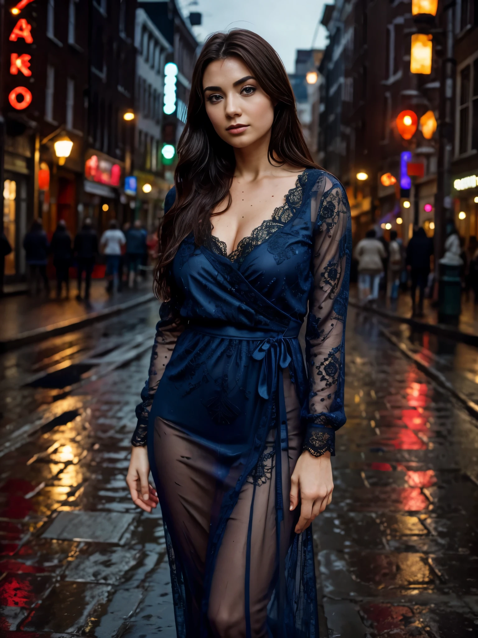 ((Best quality, 8k, lace maxi dress), standing in the rain, red light district, highly detailed face and skin texture, detailed eyes, double eyelids.), tara.tainton 