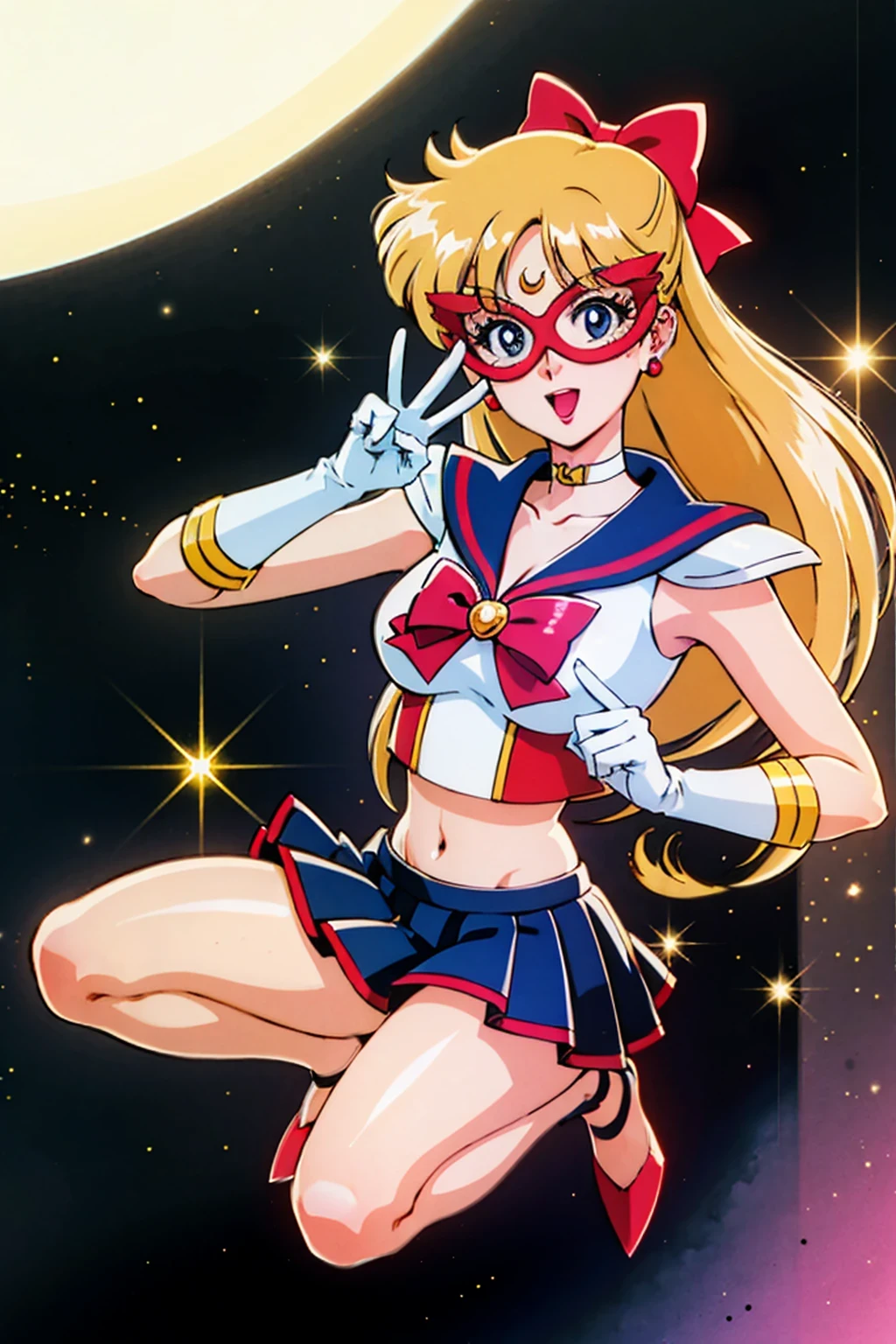 (masterpiece,highest quality,Super detailed,8k,High resolution,an extremely delicate and beautiful,Official Art,Perfect Anatomy:1.5),((90s anime,90s anime style,Cel-shaded anime,anime screencap,anime coloring:1.25)),(solo:1.5), perfect face,beautiful,sexy,athletic body,shiny skin,(EPTakeuchiNaokoStyle:1.7),((sailorv:1.52)),(mask:1.7), blonde hair, long hair, hair bow, blue eyes, crescent facial mark, forehead mark, earrings magical girl, sailor senshi uniform, white choker, crop top, red bow, jewelry, midriff, navel, white gloves, blue skirt, miniskirt, blue high heels (dynamic boxing pose:1.25), Strong lighting,born,Color Theme Red, dramatic light, (Expression of joy:1.4),magician, spell magic, magic circle, ((Magic in the hands)),(Use Fire Magic:1.14),Fire Magic, Imaginative Overlays, Artistic Fusion,Fantastic scene, moving story, Impressive visuals, (Shining Eyes),blends well with the eye,blends well with the eye,Eye focus,(Carefully crafted brilliance, Lens flare:1.7),(Expressions of joy:1.51),Octane Rendering,Rainbow Paint Drops,Woman made of paint,Full Paint,(Movie Background),Splat,splash,Dark and blurry background,close,(Best writing, Very delicate and beautiful),Beautiful sparkle in every detail,(Soft Light:1.2),(soft money tone lighting),W腕 and Soft Lighting,dramatic light,((Cinematic Light)),Ambient Occlusion,Zhou Xianguang,Intense,powerful,Absolutely eye-catching splashes of color,((caustic)),ray tracing reflection,The light shines,morning,bust,