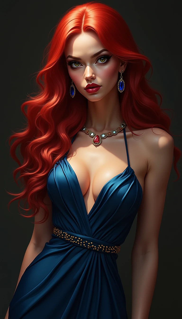 )) Beautiful face with intense makeup)), gorgeous art fashion, white skin, enchanting beauty, world beauty, bright orange hair, big, convex breasts, ((curvy waist))Dark blue dress, neck threads, beautiful clothes, precise design, sexy, detailed kohl-lined eyes, beautiful nose, pretty sweet lips, erect layered tail hair, high quality UHD 18K resolution. Dark Fashion Platform Background