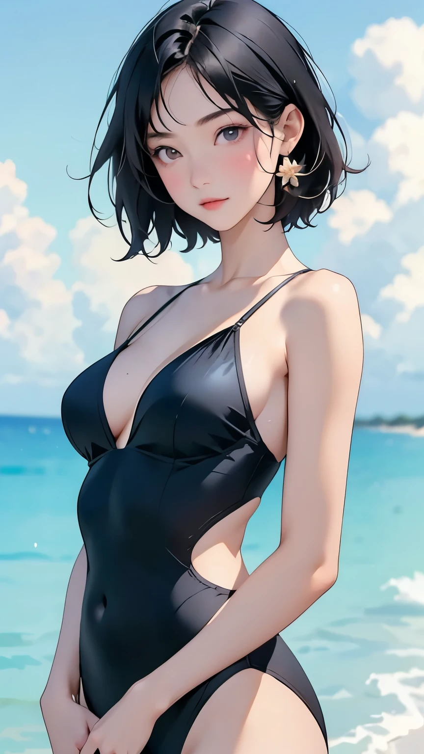  1 girl, Very young face、 short hair,  bob hair,  black hair,  shiny hair, ( Refined Beautiful Eyes), (Long-term),  輝く瞳,  dark eyes、  smaller breasts、Glowing Skin, floral lingerie swimsuit、  Portraits, full body  Portraits、Alone、On the Beach、 side lights,   Ultra High Resolution , ultra detail,  raytracing 、Cinematic lighting、photograph, 8k,  high definition , (Highest_quality), masterpiece, 
