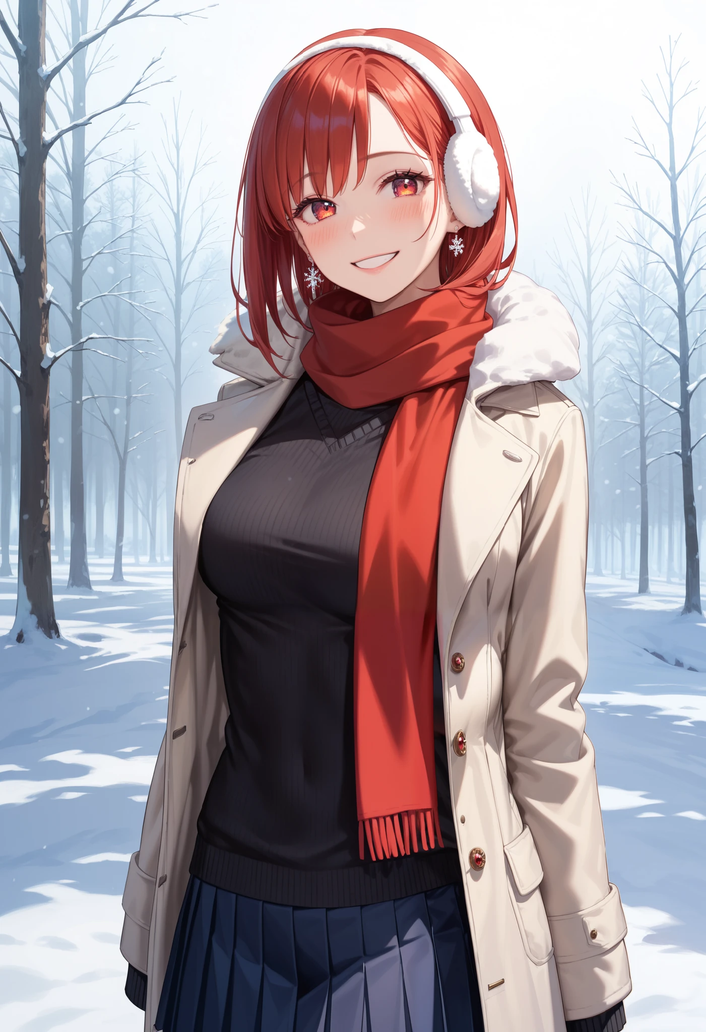 (score_9, score_8_up, score_7_up, score_6_up), anime, high res image, Beautiful girl with slim body, (masterpiece, detailed:1.2), (1girl:1.5), (red hair, short medium hair, bangs), (earrings), (dynamic poses), looking at viewer, (blushing red, relaxed, smile), (red eyes, detail eyes, eyelashes), Beautiful eyes, (big perky breasts:1.3), (slim), (beautiful detailed face, beautiful detailed eyes), ((beige long winter coat, black sweater, pleated skirt, winter red scarf, winter earmuff)), (standing up), (outdoors), winter seasons, snow, steam, ((cowboy shot:1.3)), seductive