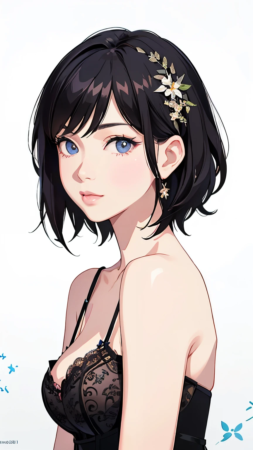  short hair,  bob hair,  black hair, (( realistic )), masterpiece,  side lights, ( Refined Beautiful Eyes), (Long-term),  Portraits, Adult female、full body  Portraits、 realistic , 3d face,  輝く瞳,  dark eyes、 shiny hair, Glowing Skin,  smaller breasts、Alone、 floral lingerie 、 Shyness、 (( white background ))、
