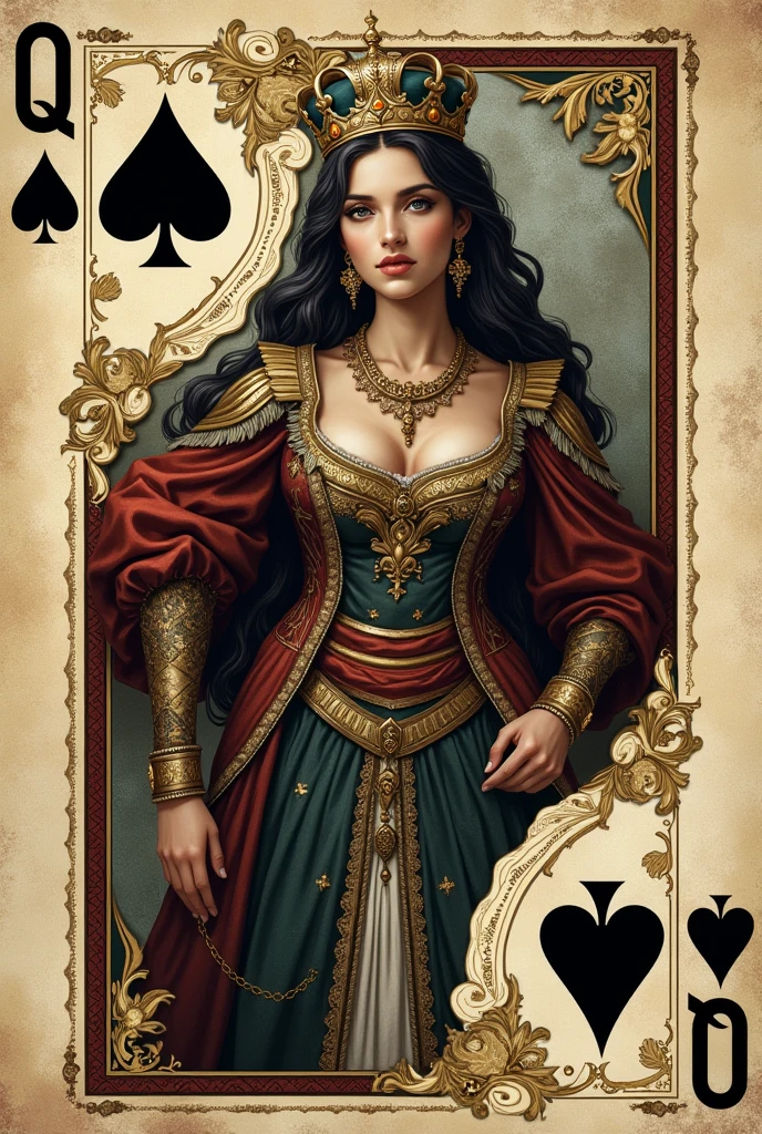 Em uma sala mal iluminada, uma mulher hipnotizante cativa os espectadores com seu traje inspirado em espadas. Her elegant dress features intricate shovel motifs and her charming demeanor draws players into the enigmatic world of card games, tentando-os a explorar os segredos escondidos no baralho.