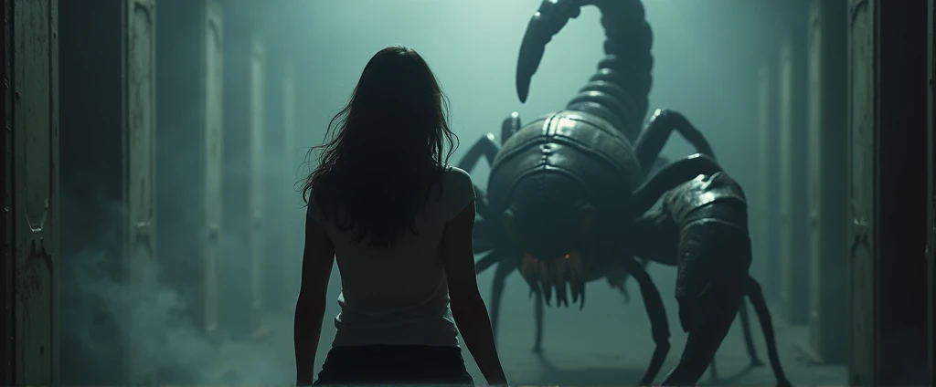 A woman with sad back. With a scorpion in the background
