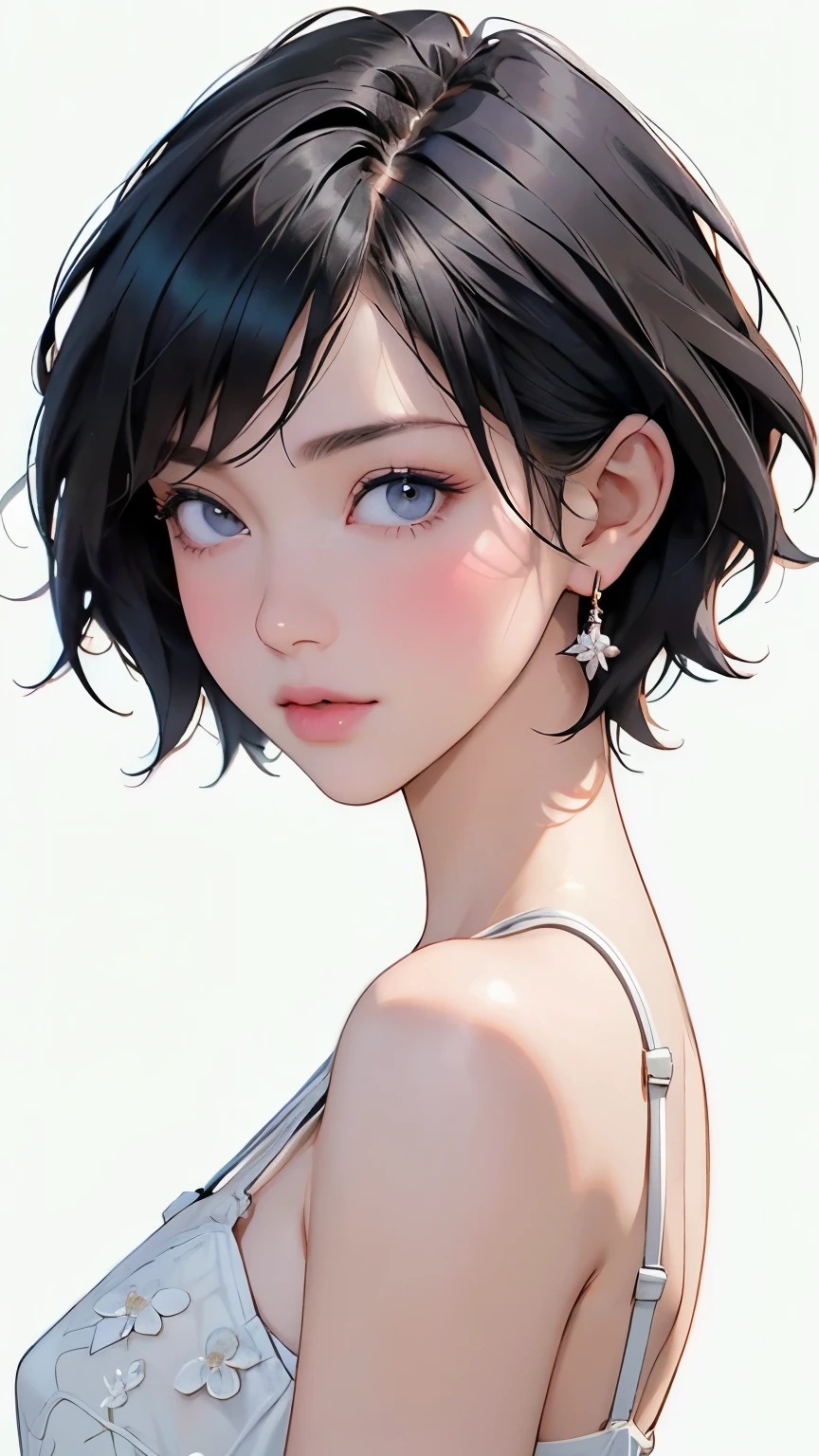  short hair,  bob hair,  black hair, (( realistic )), masterpiece,  side lights, ( Refined Beautiful Eyes), (Long-term),  Portraits, Adult female、full body  Portraits、 realistic , 3d face,  輝く瞳,  dark eyes、 shiny hair, Glowing Skin,  smaller breasts、Alone、 floral lingerie 、 Shyness、 (( white background ))、
