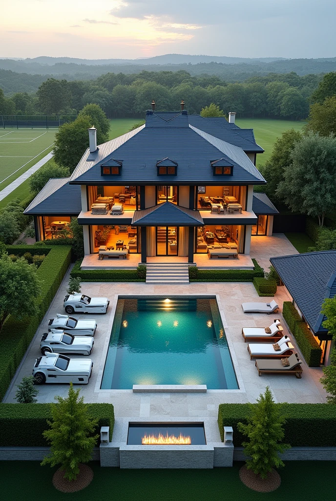 A 2-storey house on an area of 9612m2, with sauna , pool, garden, pond, soccer field and tennis , garage with 6 sports cars , academia, spa, jacuzzi