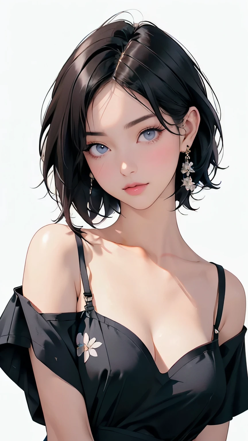  short hair,  bob hair,  black hair, (( realistic )), masterpiece,  side lights, ( Refined Beautiful Eyes), (Long-term),  Portraits, Adult female、full body  Portraits、 realistic , 3d face,  輝く瞳,  dark eyes、 shiny hair, Glowing Skin,  smaller breasts、Alone、 floral lingerie 、 Shyness、 (( white background ))、
