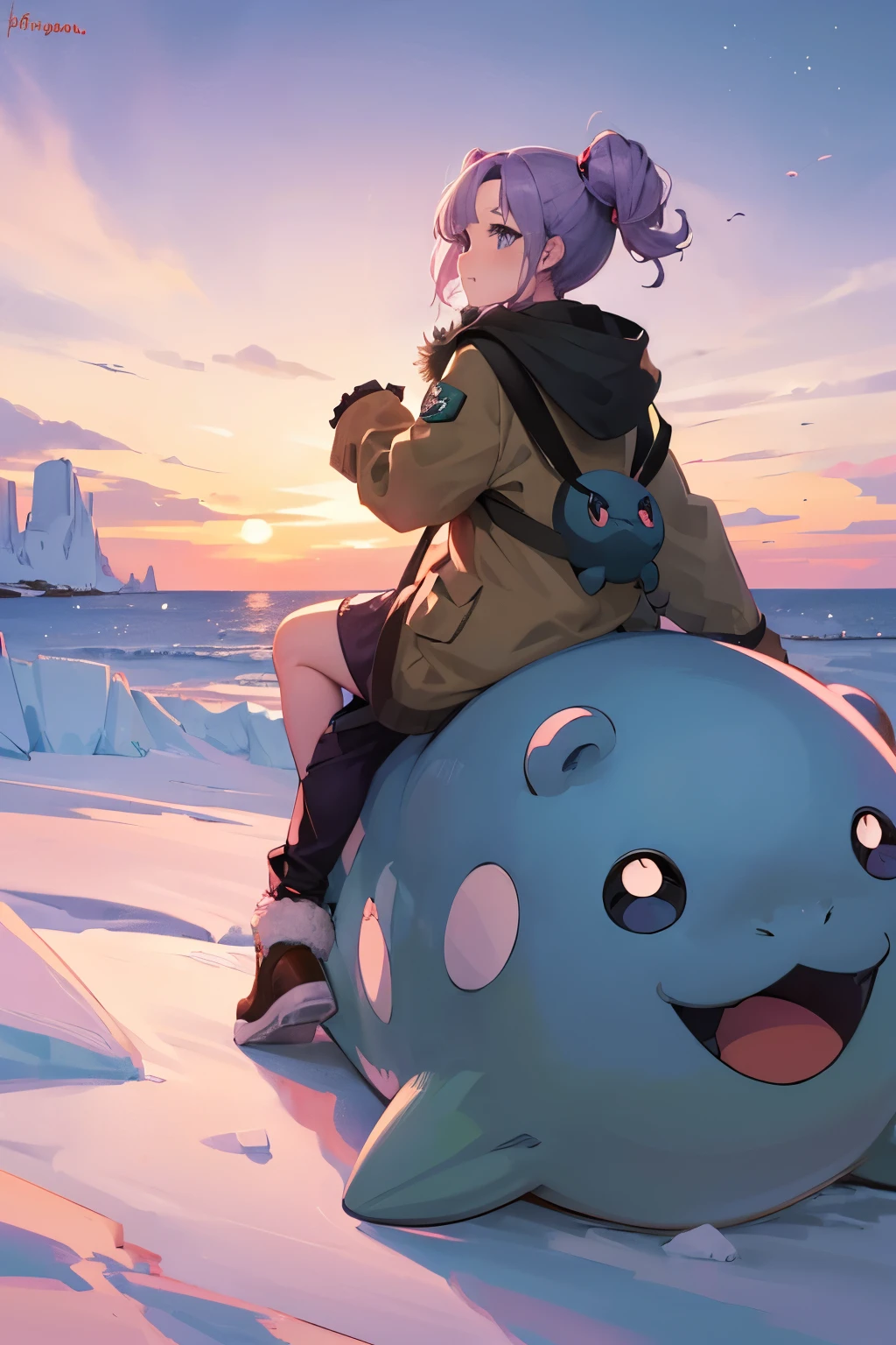 ((spheal and girl)), big spheal, Round creatures,  Pokémon,  girl riding Pokémon ,  girl with light purple hair ,  girl in brown duffle coat,  anatomically correct limb, Northern ice floes , Evening Light,  high definition ,  Details