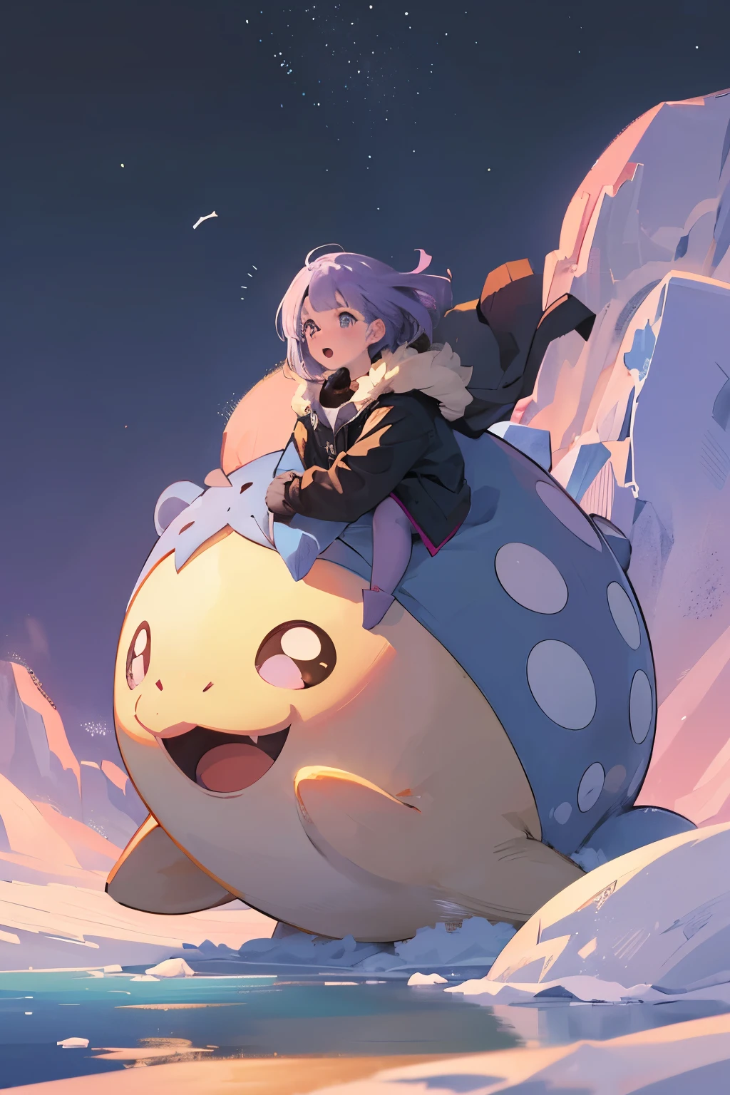 ((spheal and girl)), big spheal, Round creatures,  Pokémon,  girl riding Pokémon ,  girl with light purple hair ,  girl in brown duffle coat,  anatomically correct limb, Northern ice floes , Evening Light,  high definition ,  Details