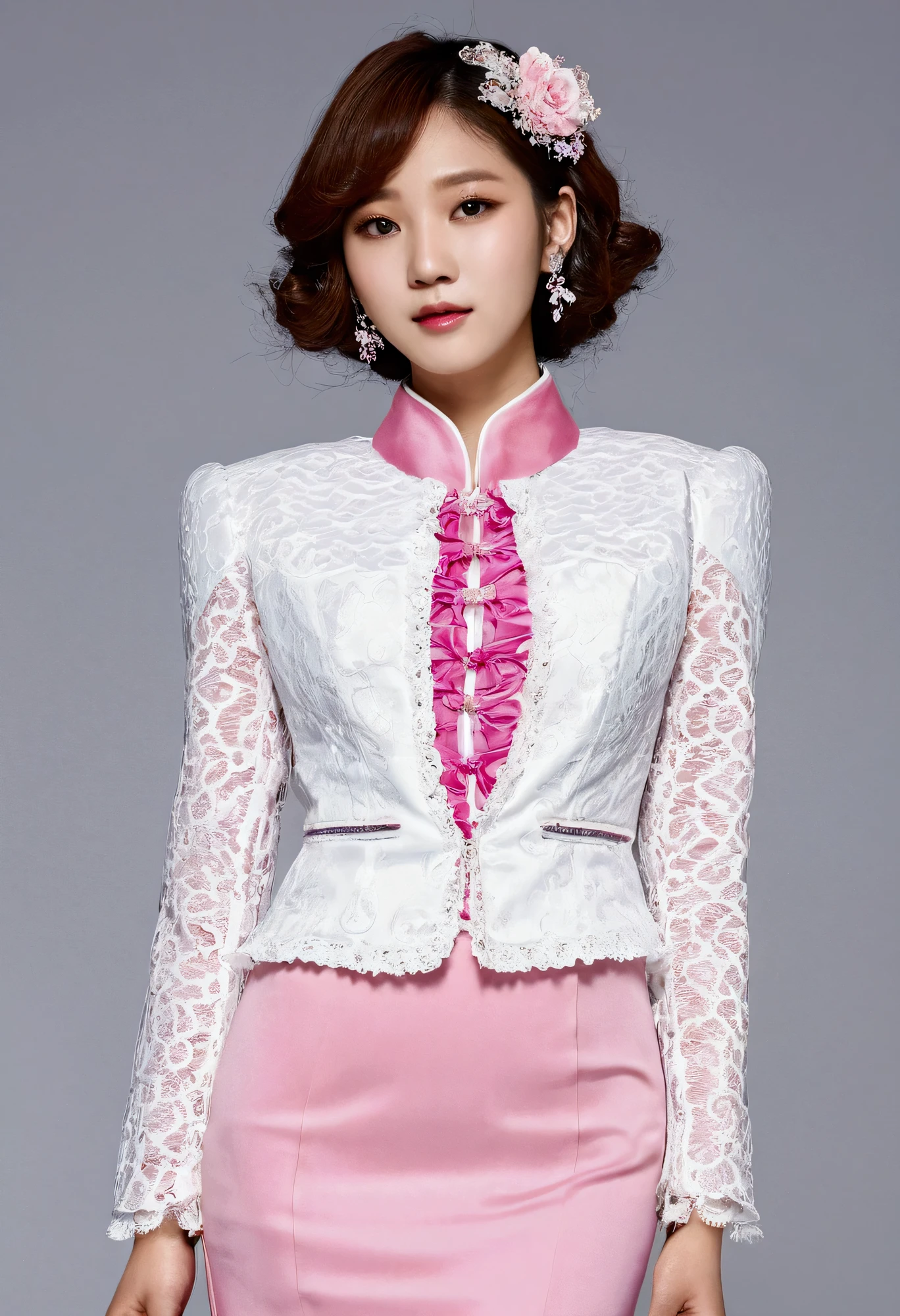 A Korean man is wearing a ladies' skirt suit, a beautiful skirt suit, he is a crossdresser, he has big breasts on his chest like a woman's, his face is very masculine, his hair is masculine short, pink and white, frills and lace. Decoration, lady's dress, two-piece, cropped jacket, small jacket, round neck jacket, China collar jacket, mermaid dress