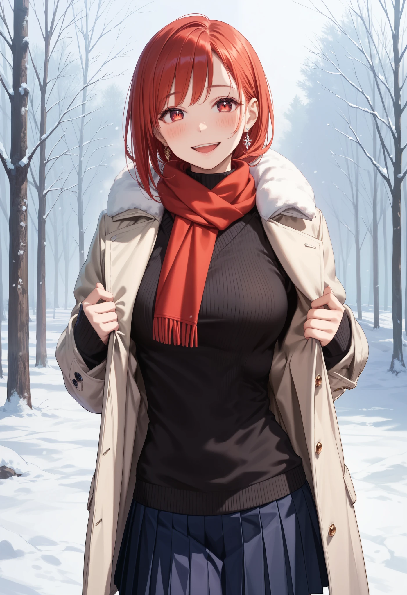 (score_9, score_8_up, score_7_up, score_6_up), anime, high res image, Beautiful girl with slim body, (masterpiece, detailed:1.2), (1girl:1.5), (red hair, short medium hair, bangs), (earrings), (dynamic poses), looking at viewer, (blushing red, relaxed, smile), (red eyes, detail eyes, eyelashes), Beautiful eyes, (big perky breasts:1.3), (slim), (beautiful detailed face, beautiful detailed eyes), ((beige long winter coat, black sweater, pleated skirt, winter red scarf)), (winter earmuff), (standing up), (outdoors), winter seasons, steam, ((cowboy shot:1.3)), seductive