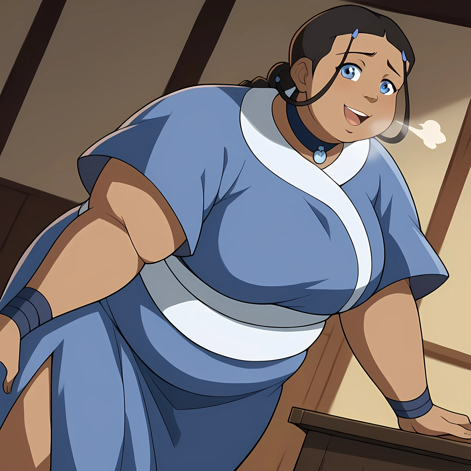 score_9, score_8_up, score_7_up, source_anime, katara, long hair, blue eyes, brown hair, black hair, hair ornament, hairclip, braid, single braid, braided ponytail, dark skin, dark-skinned female, choker, short sleeves, robe, blue robe, sash,, indoors, bent over, smile, looking at viewer, solo, cowboy shot, dutch angle fat, chubby, obese, gigantic arms and legs, large breasts open mouth, out of breath