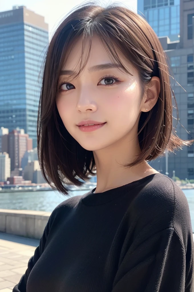 ((( face close-up )))、(((brown, Up to the shoulders, Straight Short Bob)))、((( I can see the New York skyline in her background 、 poses like a model in a beauty salon。.)))、(((Casual black long sleeve winter clothing)))、Half Japanese、Half Korean 、18-year-old girl、independent、Expectations、light eye makeup、brown Hair Color、flat 、  Wind Blown Hair  、Quality of actress、Sparkling,   Ultra Realistic Faces 、smile、Bloodshot eyes、 looks up、 Subtle Lighting Effects 、 Ultra-realistic capture、 very detailed、 High Definition 16K Human Skin Closeup。 The texture of the skin is 、 while the illuminations are shining  、For more details、It must be clear enough to identify pores .、The skin is healthy、Must be of uniform color、Use natural light and color、 model agency&#39;Exclusive photographer、smile
