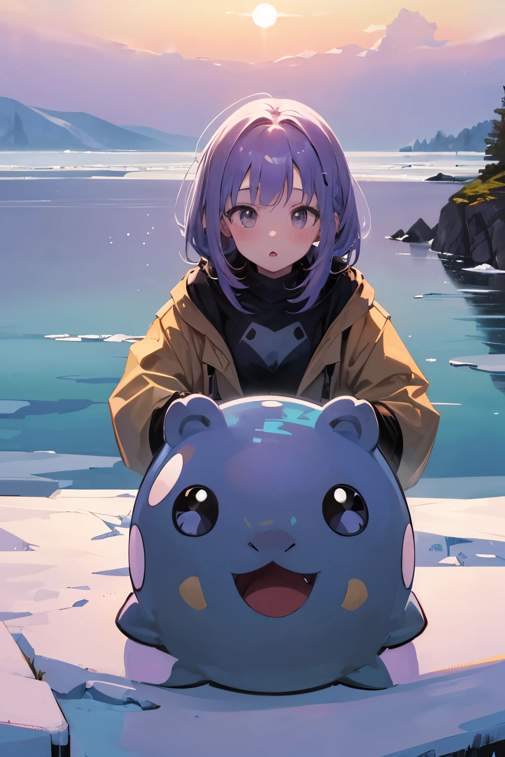 ((spheal and girl)), big spheal, Round creatures,  Pokémon,  girl riding Pokémon ,  girl with light purple hair ,  girl in brown duffle coat,  anatomically correct limb, Northern ice floes , Evening Light,  high definition ,  Details