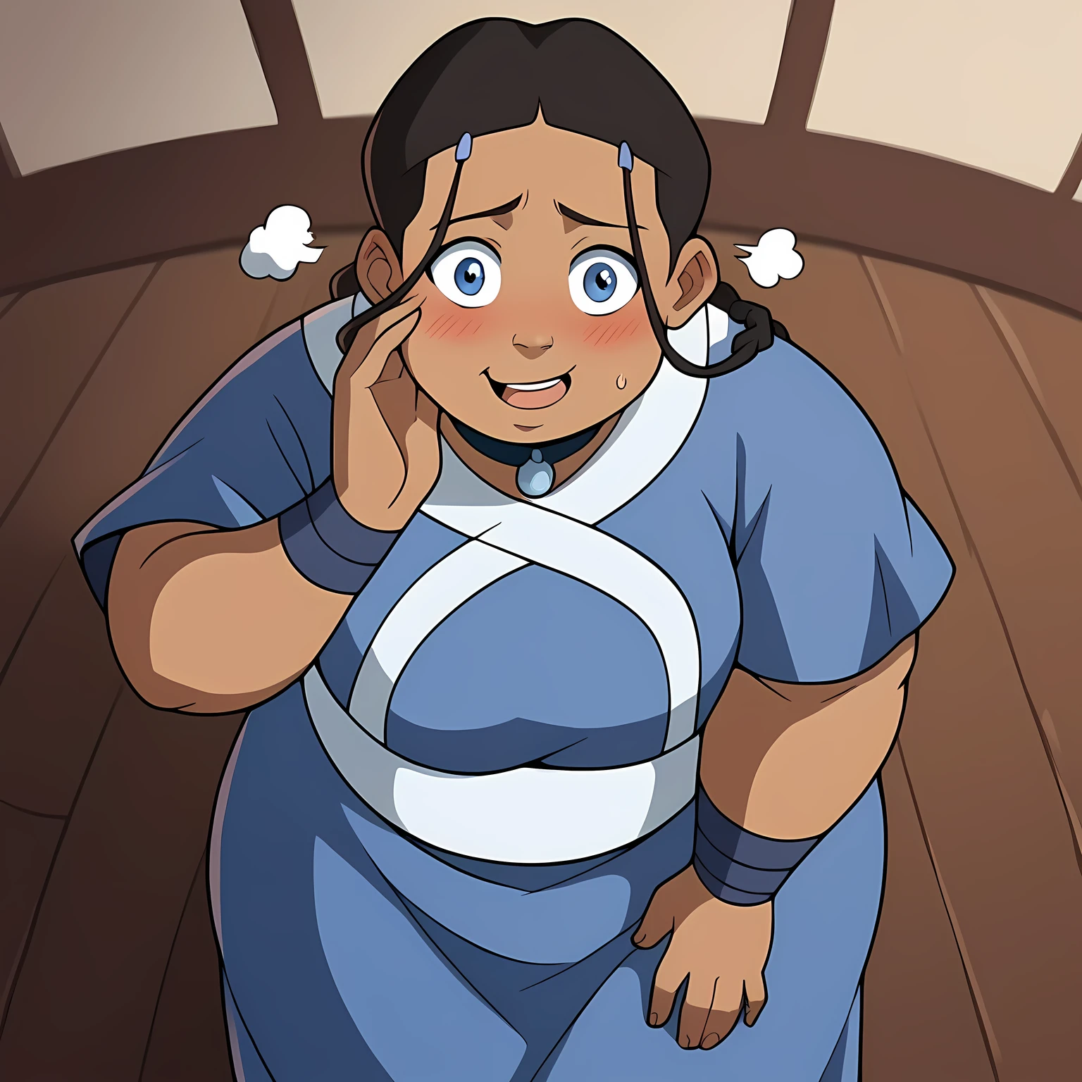 score_9, score_8_up, score_7_up, source_anime, katara, long hair, blue eyes, brown hair, black hair, hair ornament, hairclip, braid, single braid, braided ponytail, dark skin, dark-skinned female, choker, short sleeves, robe, blue robe, sash,, indoors, bent over, smile, looking at viewer, solo, cowboy shot, dutch angle swollen face, fat, chubby, obese, open mouth, out of breath, absurdres, highres icon, rating:General, confused, blush, {flustered}, nervous sweating, portrait, pov hands, hand on another's cheek, averting eyes, [looking away], straight-on, from above,  upper body, masterpiece, best quality, ultra-detailed, high resolution, 8K, 