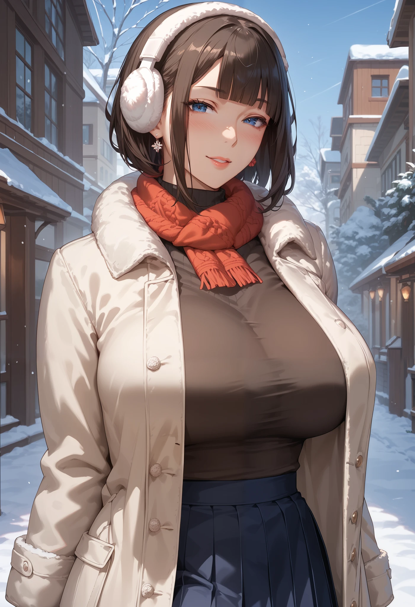 (score_9, score_8_up, score_7_up, score_6_up), anime, high res image, (masterpiece, detailed:1.2), (1girl:1.5), (black hair, short medium hair, blunt bangs), (earrings), (dynamic poses), looking at viewer, (blushing red, relaxed), (blue eyes, detail eyes), Beautiful eyes, (massive perky breasts:1.2), (voluptuous body), (beautiful detailed face, beautiful detailed eyes), ((beige long winter coat, black sweater, pleated skirt, red winter scarf, winter earmuff)), (standing up), (outdoors), winter seasons, steam, ((cowboy shot:1.3)), seductive