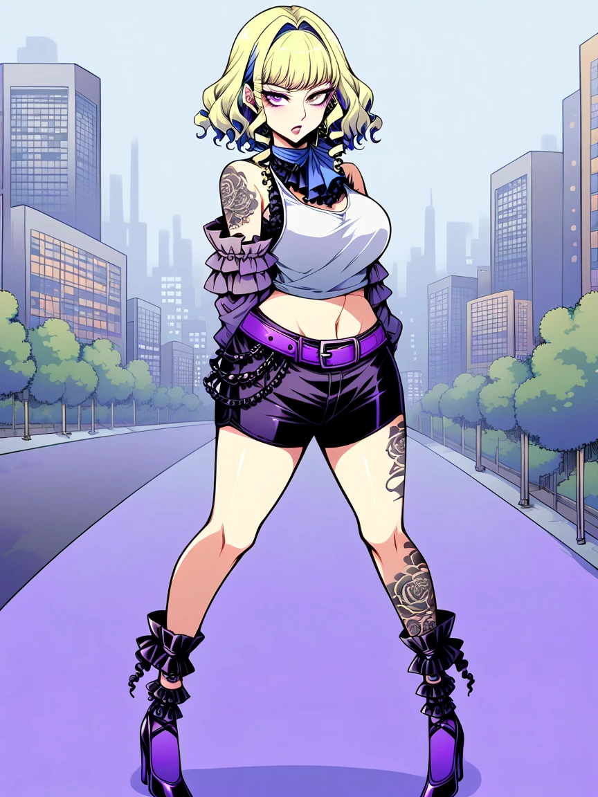 t4ts, tattoos, tattoo, 1girl, Constance von Nuvelle, blonde hair, tank top, booty shorts, high heels, purple eyes, standing, city background, crop top, large breasts, 