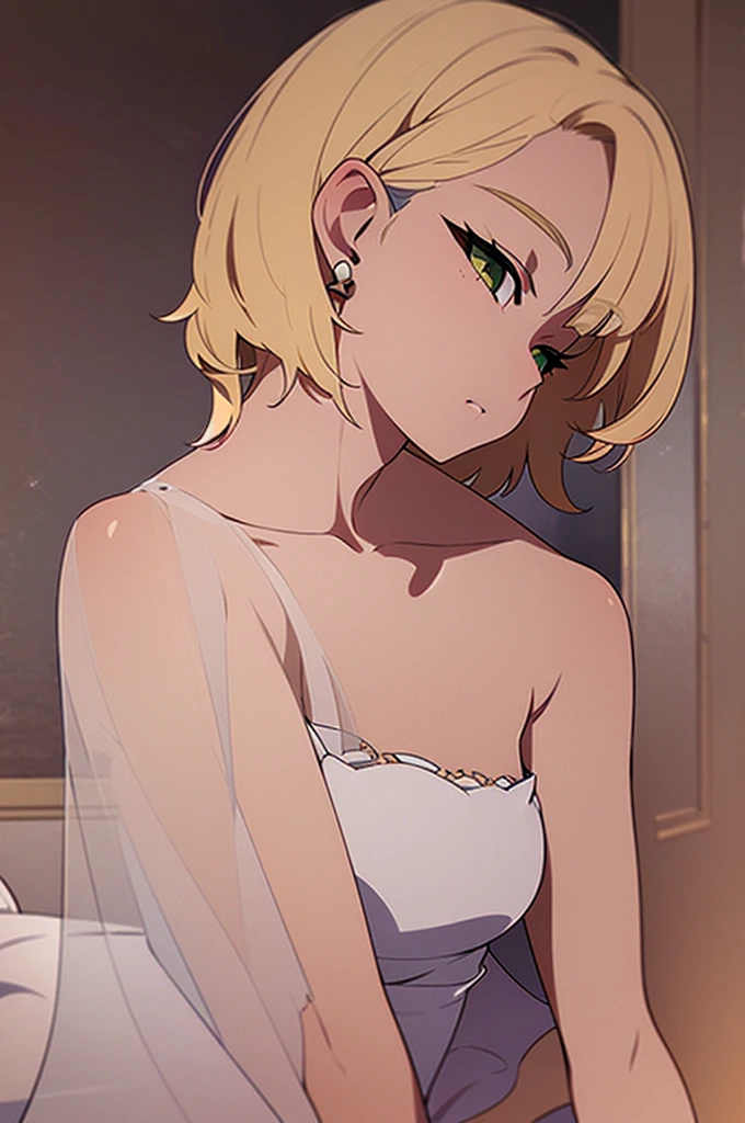 ( masterpiece,  best quality),  intricate details ,  1 girl,  1 girl, short hair,blonde hair, jewelry,Earrings, pointed ears , bare shoulders,green eyes,strapless,armband,Dress,strapless Dress,reif,collarbone, Zelda