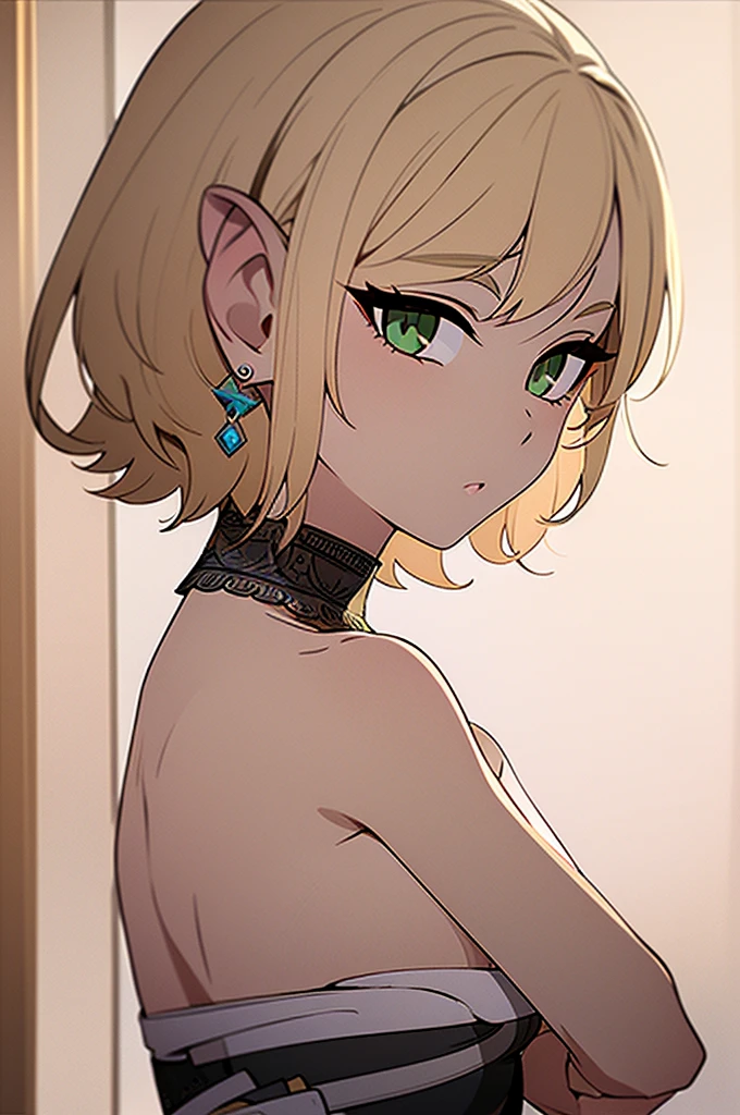 ( masterpiece,  best quality),  intricate details ,  1 girl,  1 girl, short hair,blonde hair, jewelry,Earrings, pointed ears , bare shoulders,green eyes,strapless,armband,Dress,strapless Dress,reif,collarbone, Zelda