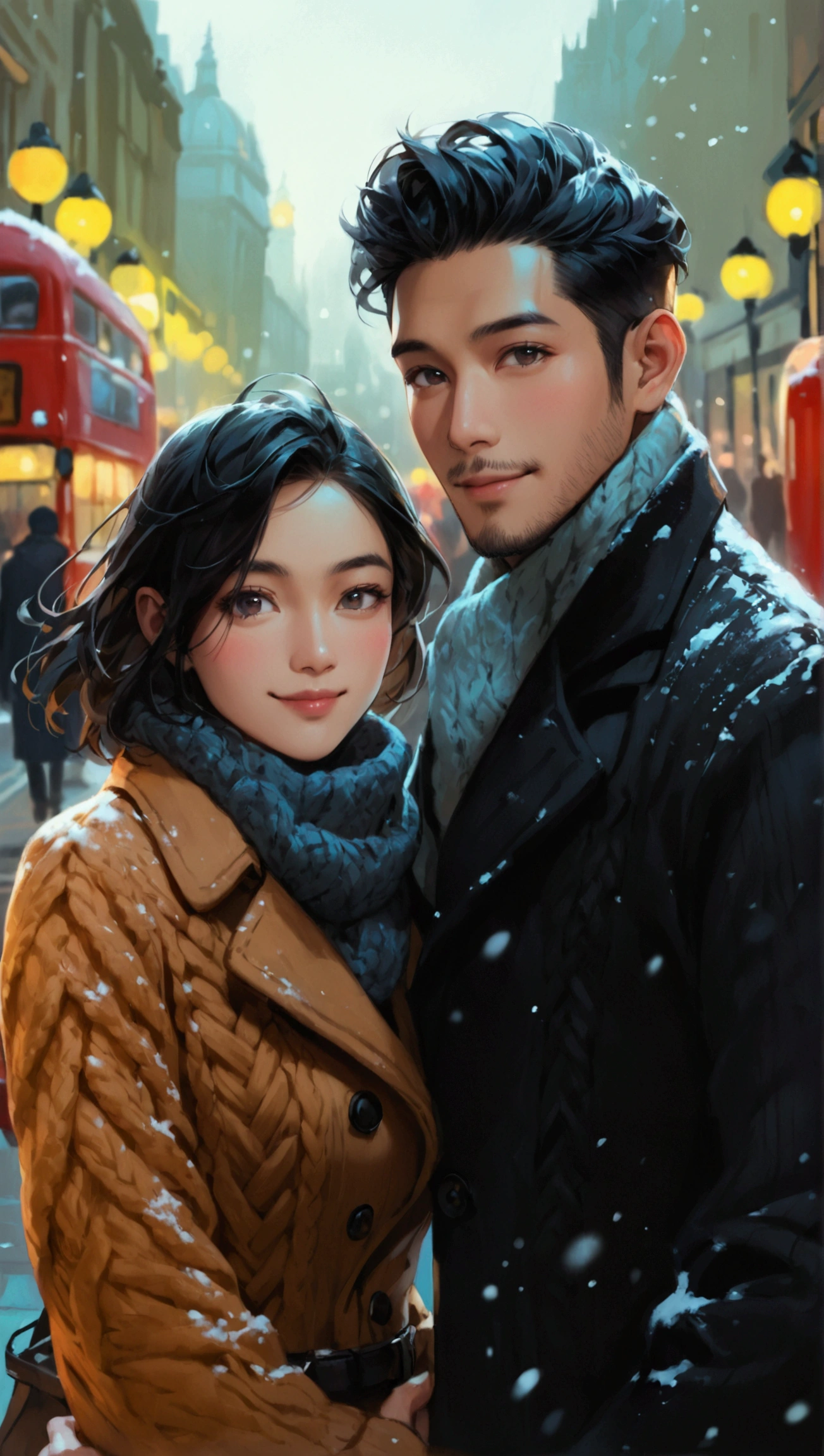 Portray a full shot of an international couple on the streets of London. The couple is walking arm in arm looking directly in to the camera, accentuating a joyful winter time. The couple features an Asian man in his thirties and a white European woman in her twenties. The man has a strong square face, defined by his brown skin, golden undertone, round black eyes, low cheek bones, a straight nose, and short black hair in class slick back. He is dressed in fine long coat over a suit. 
The pretty oval face of his European girlfriend is well defined by almond eyes in light hazel color, low cheek bones, prominent nose, blonde hair, fair complexity and cool undertone. She is dressed in a knitted sweater. London background on a chilly day with gray sky in an early morning, 
((full shot)), ((looking at viewer)), ((Asian man)), ((European woman)), (couple shot), ((wide view)), highly detailed, soft lighting, natural makeup, vibrant colors, (arm in arm), blush, ((smile))