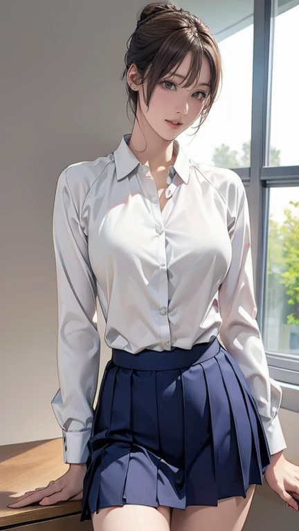 (((masterpiece, best quality, ultra highres, 1 girl, solo, no background))), super detailed skin and face and eyes and finger, beautiful japanese woman, small breasts:1.5, skinny, light brown hair, white background, very short pixie hair, (an illustration of girl), Knee shot, Generate with illustrations, Various expressions, Various poses,  outline, anime, Panty shot, Spread legs, Skirt, White panties, Shirt, White shirt, Lips, Tie, Pleated skirt, 