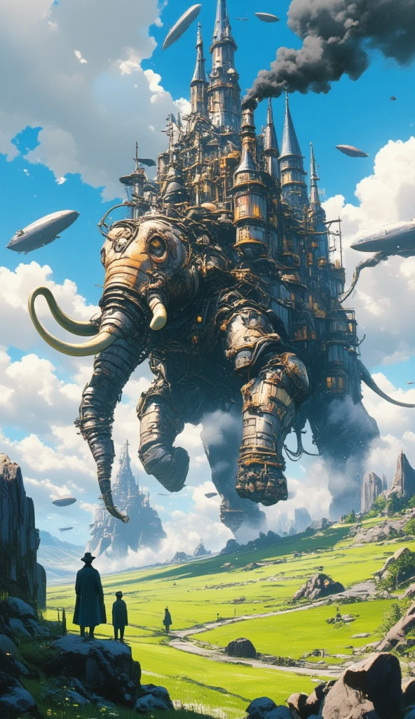 A steampunk-inspired, self-moving castle designed to have the silhouette of an elephant without looking exactly like one. The structure is an unsymmetrical and complex fusion of mechanical parts, gears, and steam-powered engines, with large metallic legs resembling an elephant's, a trunk-like front, and steam pipes forming tusk-like shapes. The body of the castle is a blend of industrial elements and steampunk designs, featuring smokestacks emitting black smoke and small houses built onto its sides. Above the moving castle are a couple of giant steampunk airships. In the foreground, a few gentlemen in victorian steampunk outfit look on. The backdrop is a lush, grassy plain with rocky terrain and a blue sky filled with clouds, evoking a mystical, cinematic atmosphere reminiscent of Studio Ghibli's art style. The image is slightly blurry caused by the amount of smoke the castle emits.