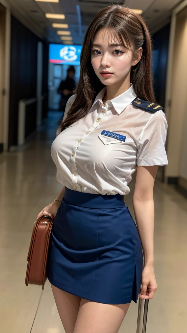 A beautiful, 24-year-old Japanese woman with perfect anatomy, healthy thighs, beautiful legs, beautiful skin, random hair color and style, large breasts, (wearing a flight attendant uniform with a mini-skirt:1.3), (she is standing:1.2), full body shot, pumps, carrying a suitcase, at the airport, (best quality,4k,8k,highres,masterpiece:1.3),(extremely detailed:1.2),realistic,photorealistic,photo-realistic:1.37,professional,vivid colors, studio lighting