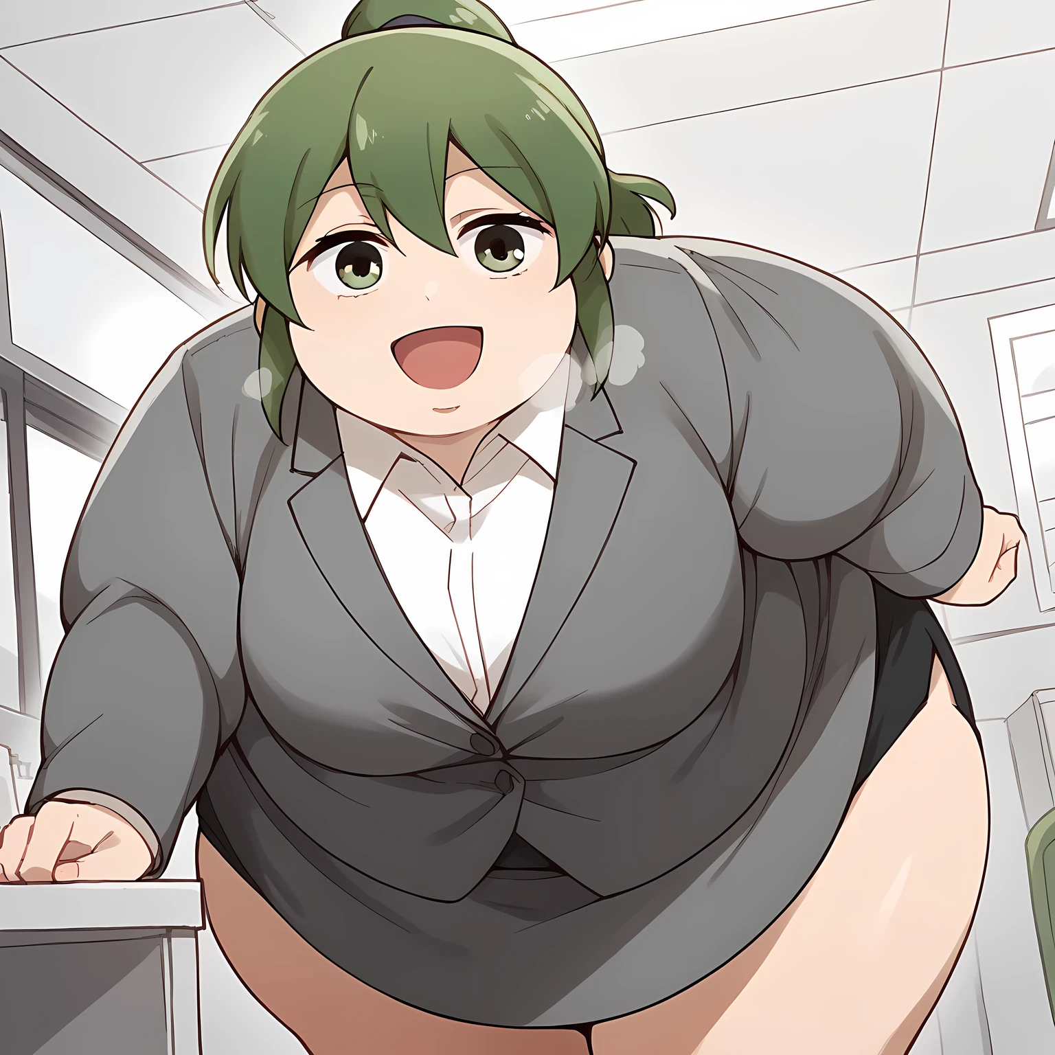 score_9, score_8_up, score_7_up, source_anime, futaba igarashi, green eyes, ponytail, green hair, medium hair,, skirt, shirt, jacket, collared shirt, coat, formal, suit, office lady, business suit, skirt suit, overcoat,, indoors, bent over, smile, looking at viewer, solo,, cowboy shot, dutch angle fat, chubby, obese, gigantic arms and legs, large breasts open mouth, out of breath