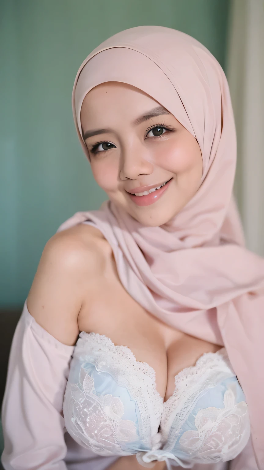 Malay women in hijab wearing sexy satin lace pink color strapless bra and panties, portrait photography, 35 years old, mid shot photo, ultra detail, professional photograph with professional lighting, smile, light blue studio background, sexy seducing pose, curvy,