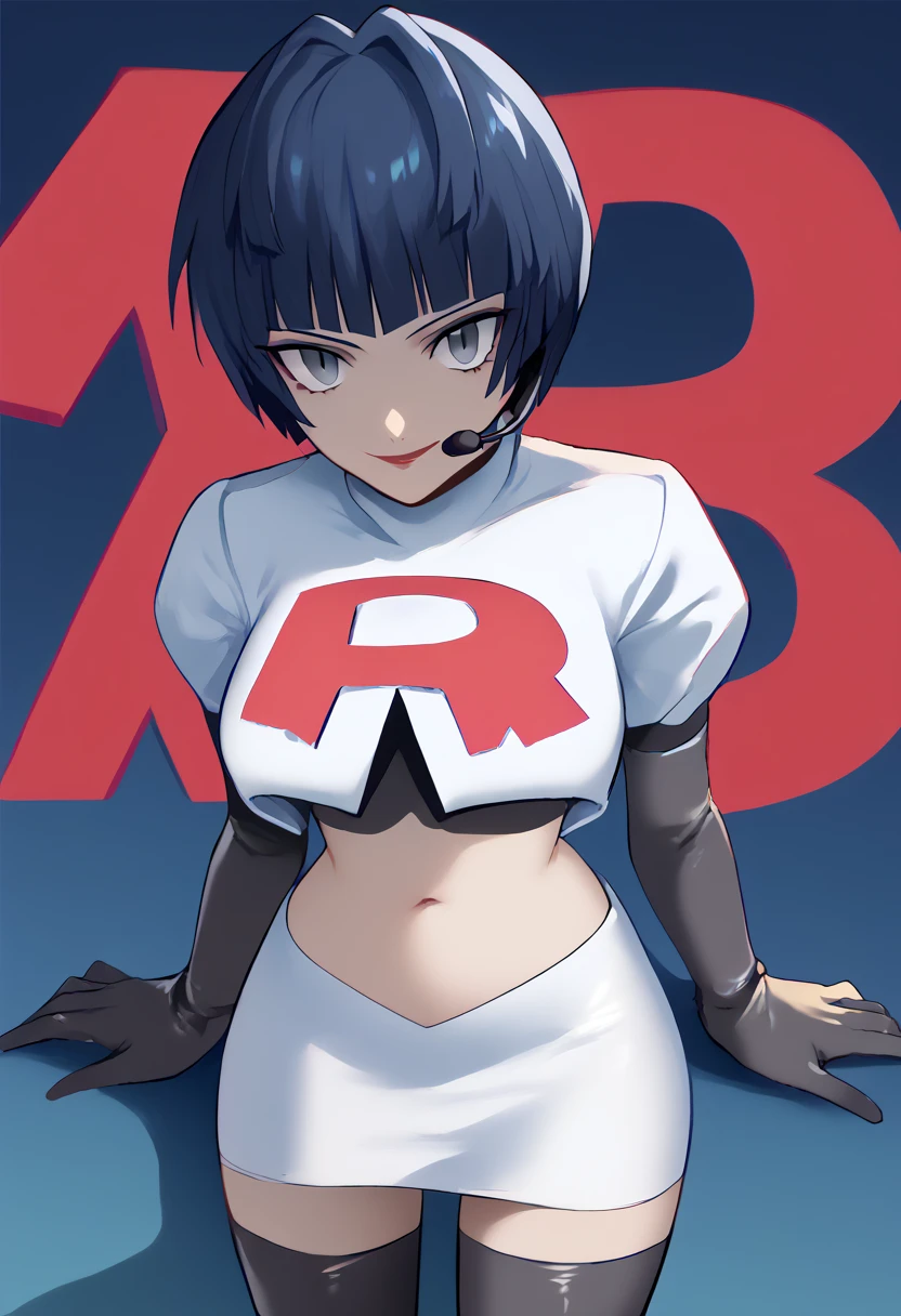 Team rocket, team rocket uniform, red letter R, white skirt,white crop top,black thigh-high boots, black elbow gloves, evil smile, night sky background, headset, large breasts, high-heeled boots, Tae Takemi, dark blue hair, gray eyes