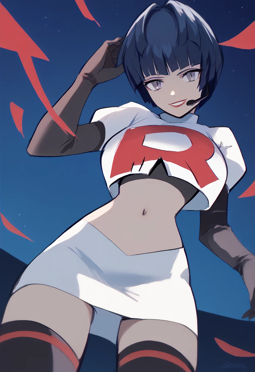 Team rocket, team rocket uniform, red letter R, white skirt,white crop top,black thigh-high boots, black elbow gloves, evil smile, night sky background, headset, large breasts, high-heeled boots, Tae Takemi, dark blue hair, gray eyes