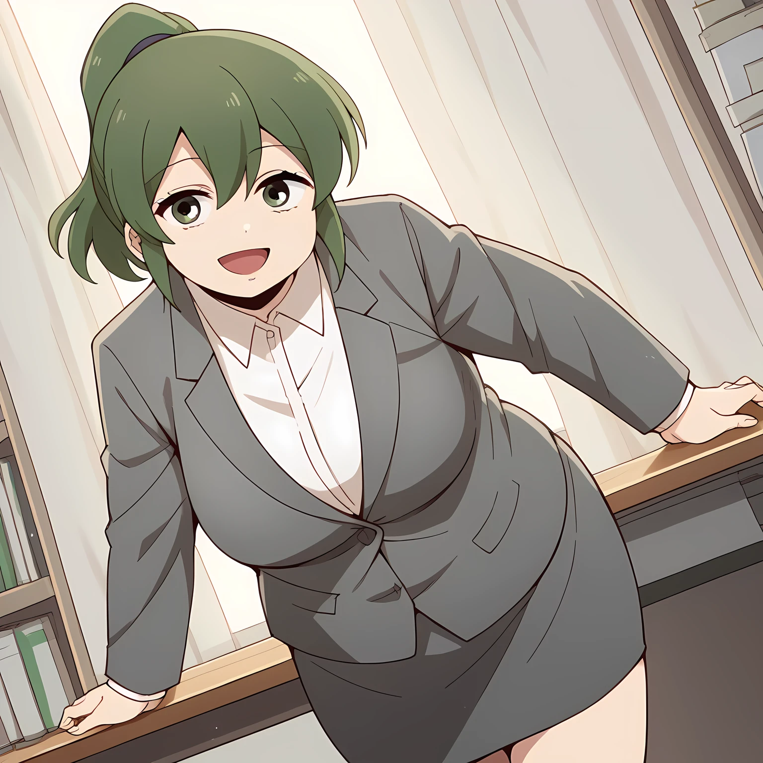 score_9, score_8_up, score_7_up, source_anime, futaba igarashi, green eyes, ponytail, green hair, medium hair,, skirt, shirt, jacket, collared shirt, coat, formal, suit, office lady, business suit, skirt suit, overcoat,, indoors, bent over, smile, looking at viewer, solo,, cowboy shot, dutch angle fat, chubby, obese, gigantic arms and legs, large breasts open mouth, out of breath