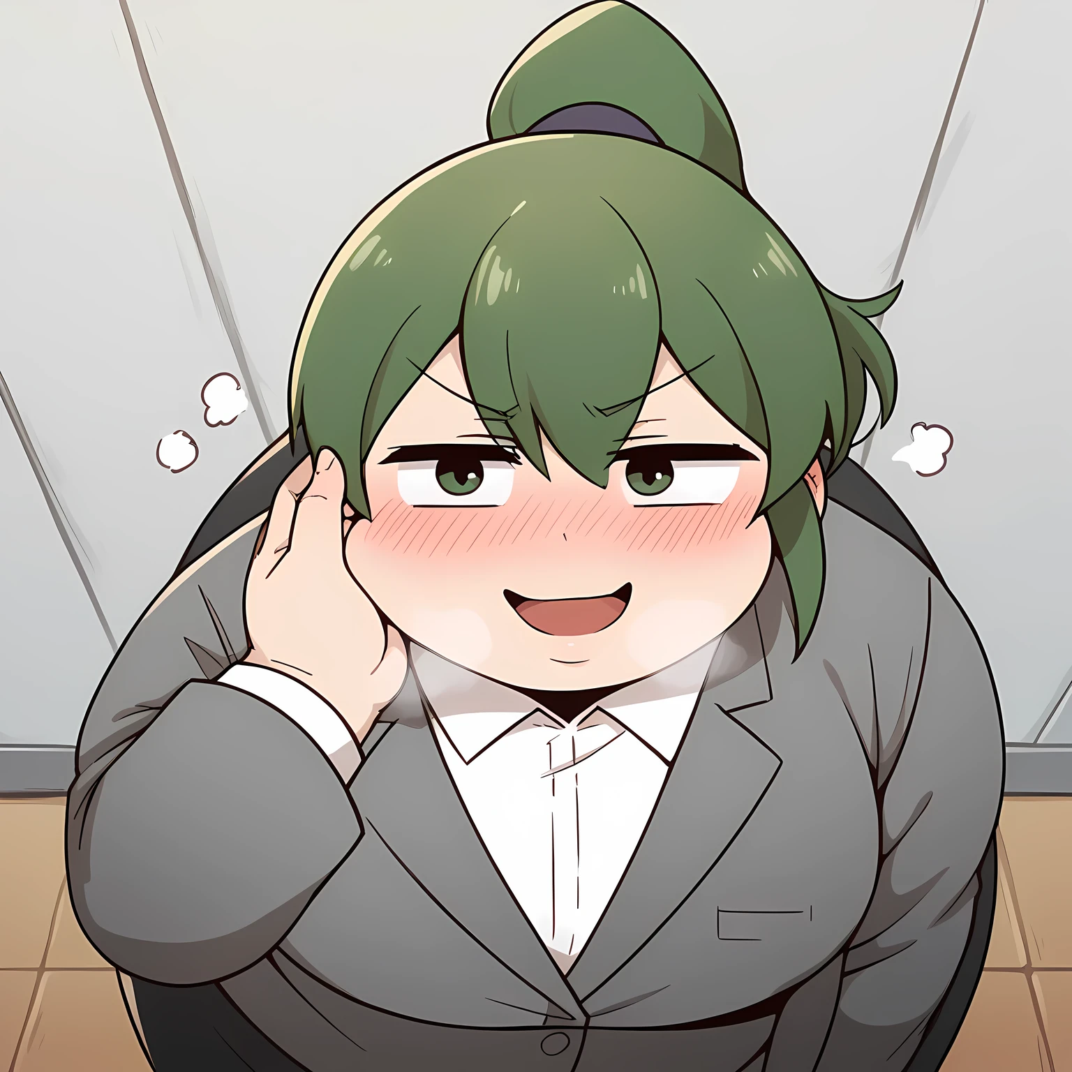 score_9, score_8_up, score_7_up, source_anime, futaba igarashi, green eyes, ponytail, green hair, medium hair,, skirt, shirt, jacket, collared shirt, coat, formal, suit, office lady, business suit, skirt suit, overcoat,, indoors, bent over, smile, looking at viewer, solo,, cowboy shot, dutch angle swollen face, fat, chubby, obese, open mouth, out of breath, absurdres, highres icon, rating:General, confused, blush, {flustered}, nervous sweating, portrait, pov hands, hand on another's cheek, averting eyes, [looking away], straight-on, from above,  upper body, masterpiece, best quality, ultra-detailed, high resolution, 8K, 