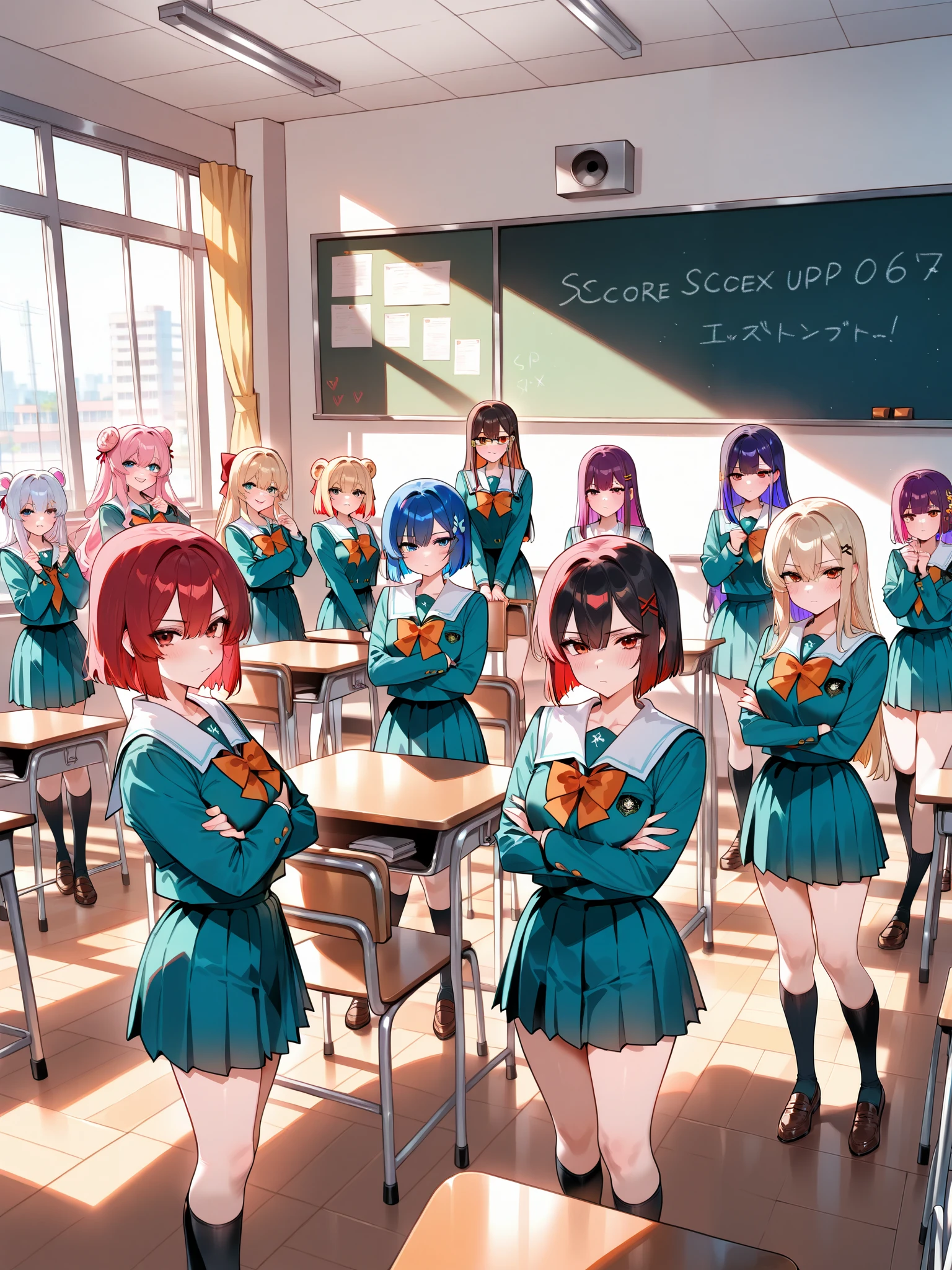 masterpiece,best quality,amazing quality, absurdres, beautiful, floox style, 10+girls, classroom, horny, school uniform, everyone, group focus,