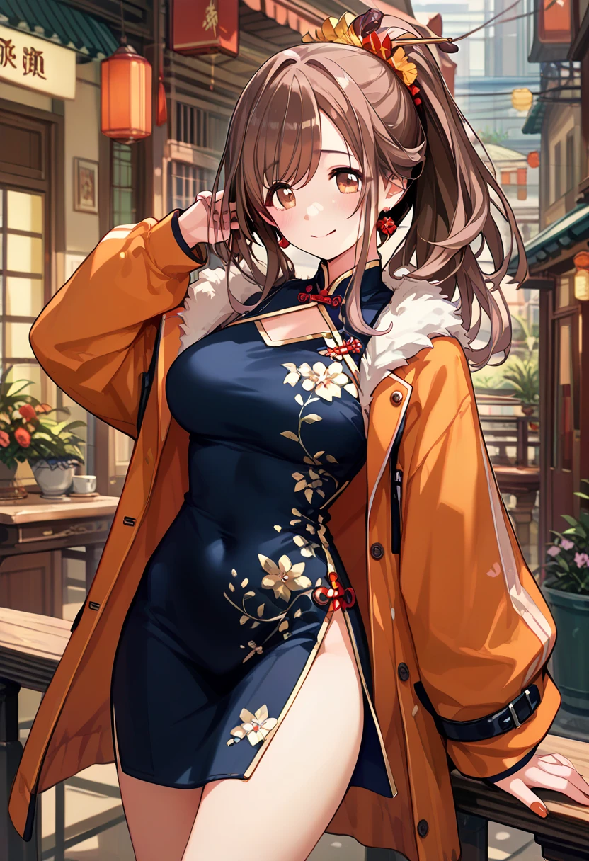 standing, (((Chinese dress ,Down jacket ,in the privateroom,shy,enjoy))) ,Extremely loving sexual acts based on pure love ,happy,very satisfied,ecstasy ,Tsukioka Kogane, (((brown_hair)))