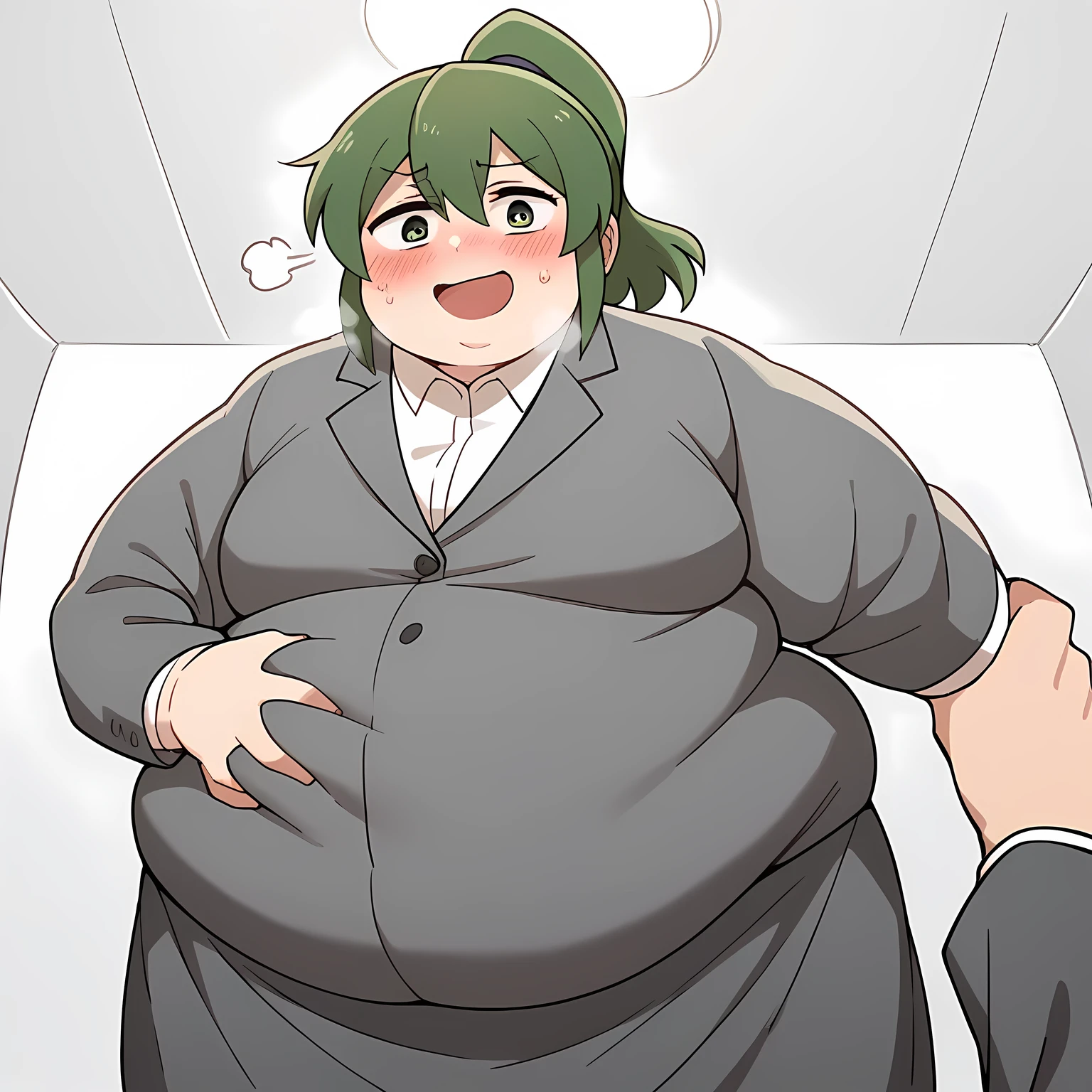 score_9, score_8_up, score_7_up, source_anime, futaba igarashi, green eyes, ponytail, green hair, medium hair,, skirt, shirt, jacket, collared shirt, coat, formal, suit, office lady, business suit, skirt suit, overcoat,, indoors, bent over, smile, looking at viewer, solo,, cowboy shot, dutch angle bulging belly, fat, chubby, obese, open mouth, out of breath, absurdres, highres icon, rating:General, confused, blush, {flustered}, nervous sweating, portrait, pov hands, hand on another's belly, averting eyes, [looking away], straight-on, from below, swollen face, masterpiece, best quality, ultra-detailed, high resolution, 8K, 