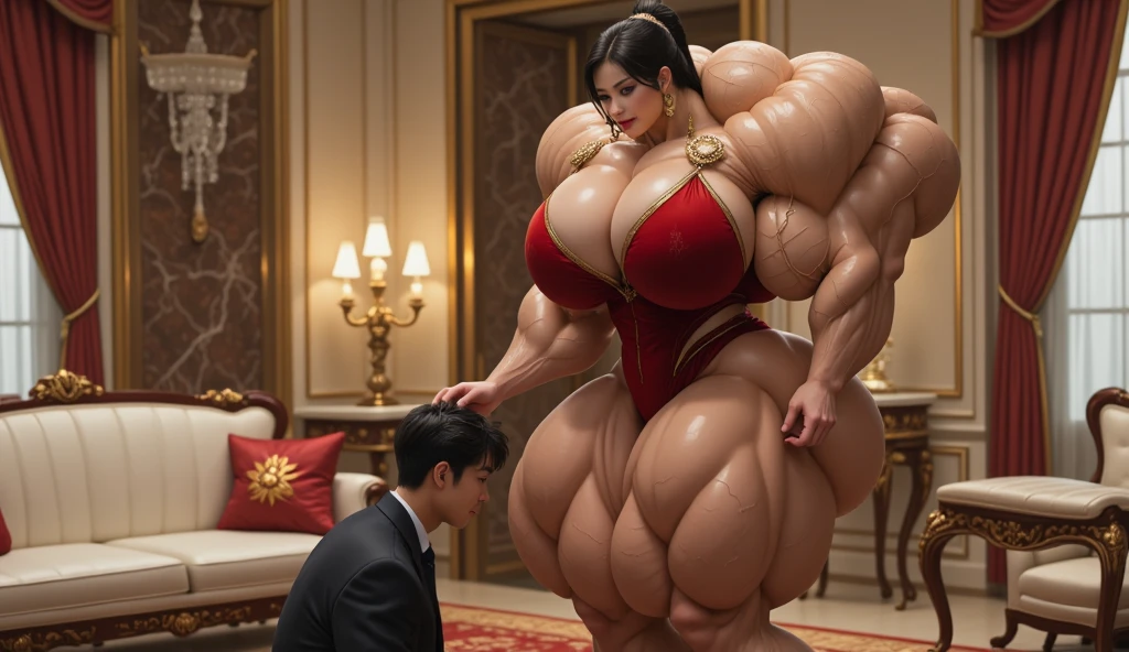  Dominant position , Ai Nakamura , 32 years old,  an oriental woman of 2 ,10 meters high,  with an elegant and defined face , high cheekbones,  almond-shaped and penetrating eyes in black ,  fair skin with a slight healthy glow and plump, symmetrical lips .  His physique is extremely muscular : hombros anchos,  huge, well-defined arms ,  prominent pectorals ,  abdomen marked with a  "six-pack"  and powerful and sculpted legs .  He wears a short, tight red velvet dress with gold details that highlights his musculature,  tall ornaments with metallic ornaments and golden earrings . Ai Nakamura  está de pie, raised,  with a dominant posture and looking down at the man who is kneeling at his feet .  He is an extremely thin and short man  (1,60 meters),  dressed in a dark suit ,  with a low head and submissive expression .  The background is a luxurious room with marble walls and golden details ,  silk curtains in warm tones ,  plush carpet ,  and soft lighting from crystal lamps .  A white leather sofa and a refined wooden table complete the opulent environment .

