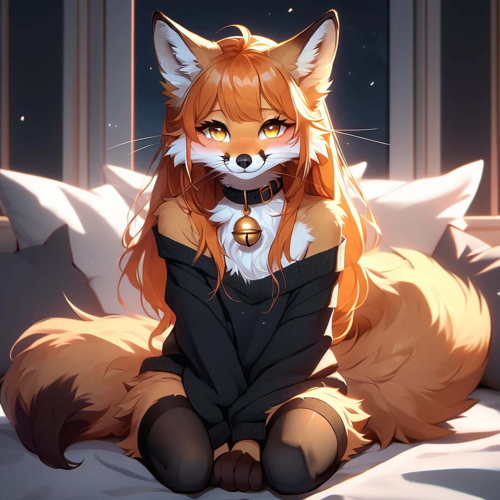 full body、Solo、unpralleled masterpiece、Detailed、 Beautiful、 score_9、 score_8_up、 score_7_up、moody atmosphere、mysterious、fox、anthro、furry、female、orange fur、(long hair、beautiful hair、orange hair、side swept hair、bangs)、yellow eyes、(fur tuft on chest、tuft of fur)、(digitigrade、claws、fox paws、exposed feet)、(foxy whiskers)、(heavily shaded orange body、dark black shading on body)、(sassy pose、sassy hips、sassy、flirtatious)、fluffy tail、(soft smile、light smile、blushing、looking at viewer with adoration)、wearing (Black simple stylish long socks、non-transparent thigh highs、Black crop off shoulder sweater、Colored hair bow、Collar with gold bell)、indoors、in a bedroom、pillow