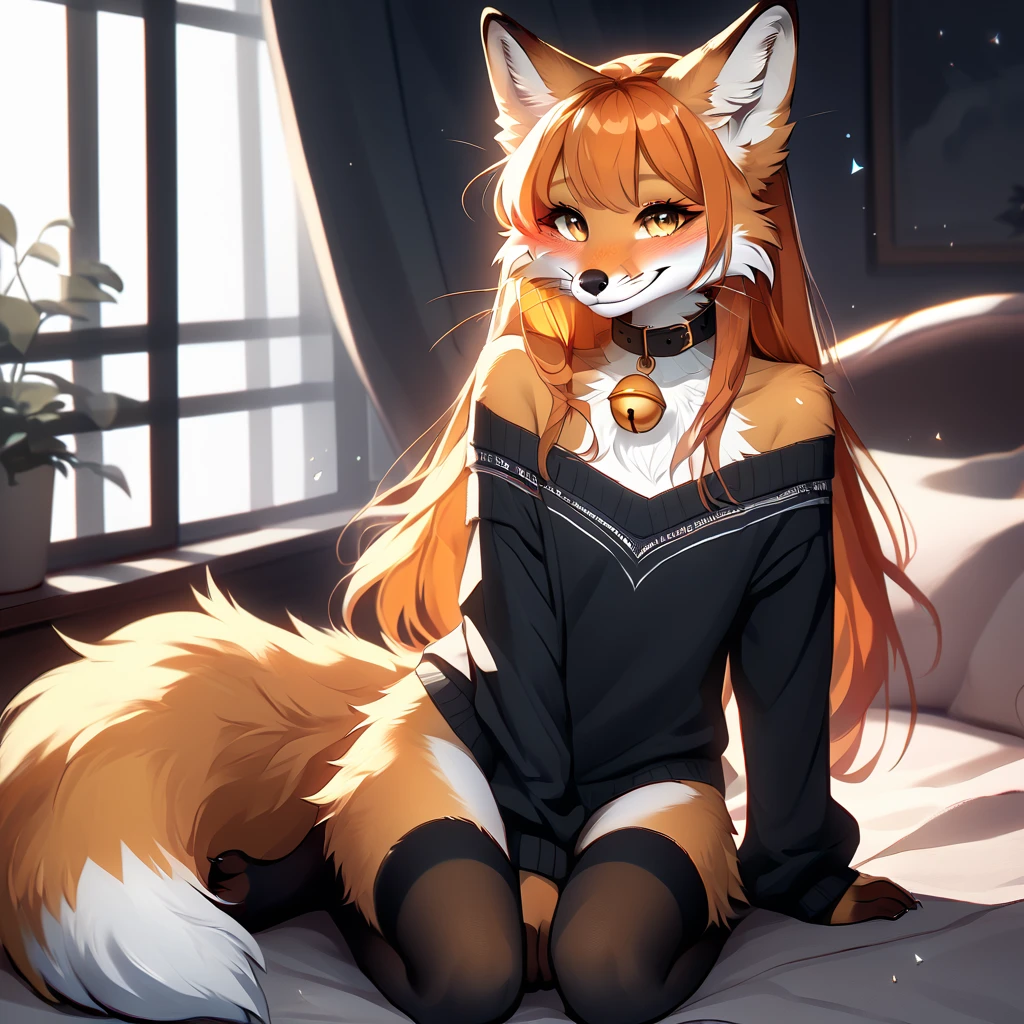 full body、Solo、unpralleled masterpiece、Detailed、 Beautiful、 score_9、 score_8_up、 score_7_up、moody atmosphere、mysterious、fox、anthro、furry、female、orange fur、(long hair、beautiful hair、orange hair、side swept hair、bangs)、yellow eyes、(fur tuft on chest、tuft of fur)、(digitigrade、claws、fox paws、exposed feet)、(foxy whiskers)、(heavily shaded orange body、dark black shading on body)、(sassy pose、sassy hips、sassy、flirtatious)、fluffy tail、(soft smile、light smile、blushing、looking at viewer with adoration)、wearing (Black simple stylish long socks、non-transparent thigh highs、Black crop off shoulder sweater、Colored hair bow、Collar with gold bell)、indoors、in a bedroom、pillow