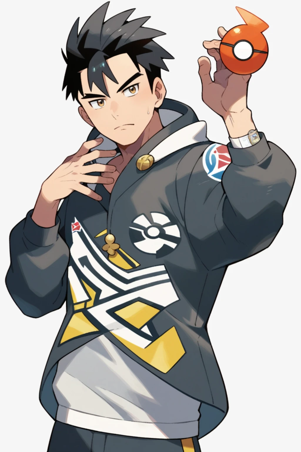 score_9, score_8_up, score_7_up, pokemon pokemon_(anime) pokemon_journeys pokemon_sv pokemon_bw2, 1boy, male, black hair, anime hair, bangs, handsome asian, asian eyes