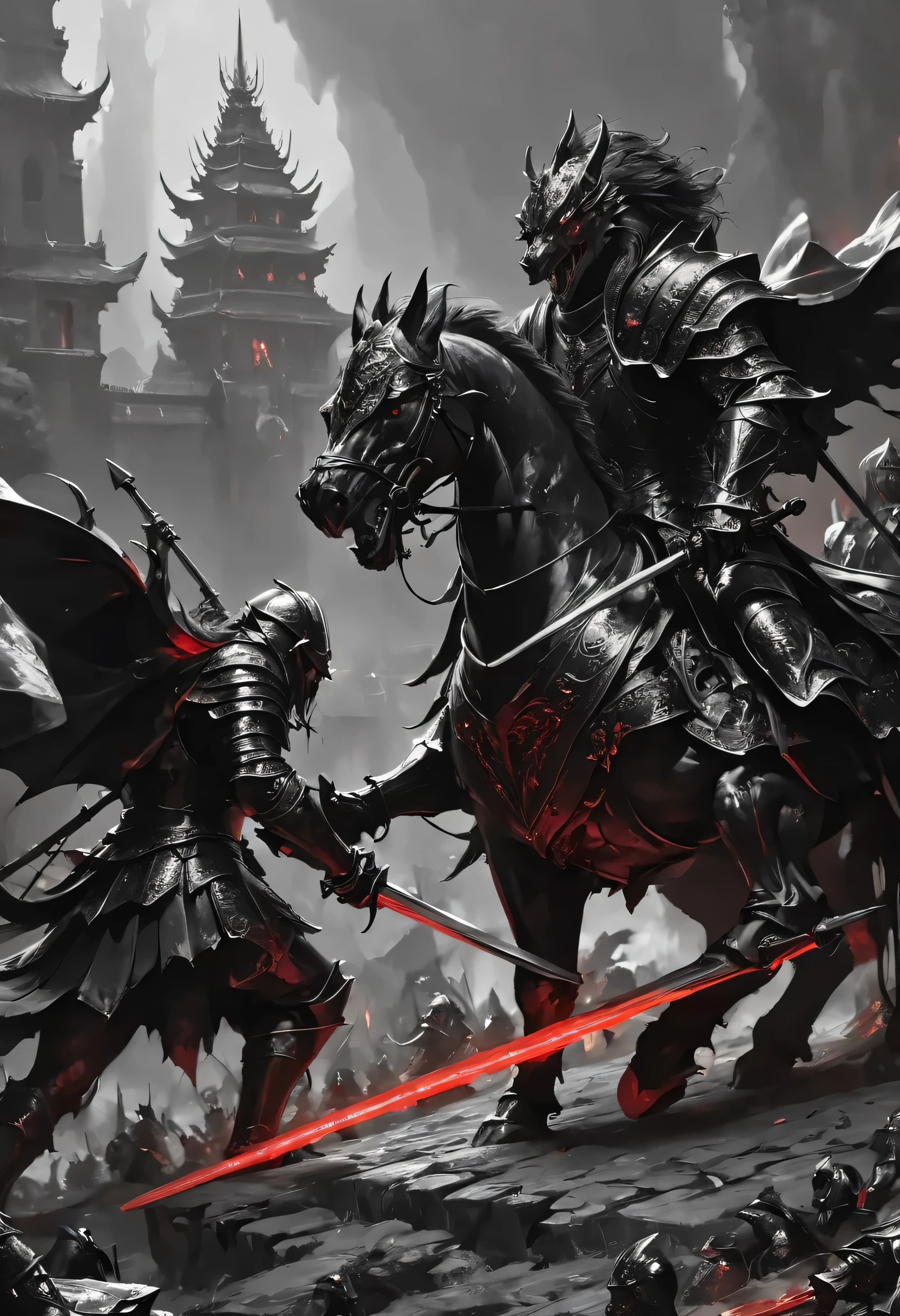 faragon, (masterpiece, best quality, ultra detailed, best shadow), (detailed background, dark fantasy), anthropomorphic knights warriors in battle wearing black monochrome, oil painting, Tooth Wu, Greg Rutkowski, RPG, dynamic lighting, fantasy art, High contrast, depth of field, landscape, scenery. drake, monochrome red