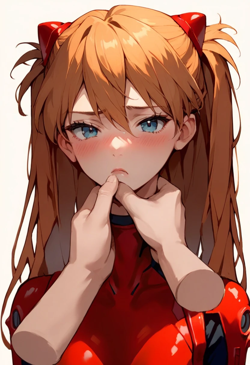 score_9, score_8_up, score_7_up, score_6_up, BREAK, source_anime,
chin grab, 1girl,  asuka langley, red plug suit, looking at viewer, blush, upper body,
1boy, disembodied limb, disembodied arm,
white background   