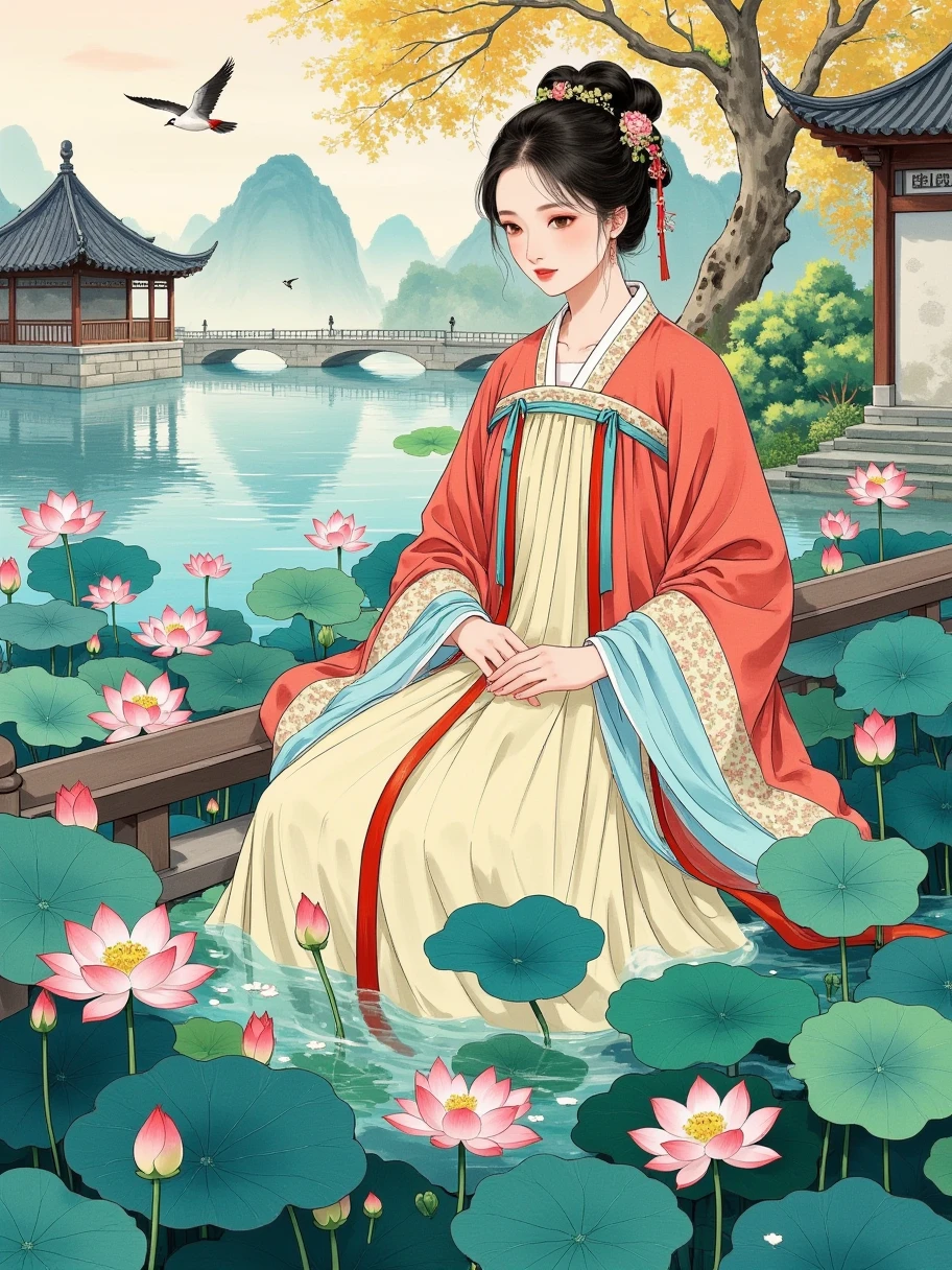 1girl,  full body image , beautiful belly, Elegant, eyes like autumn water, Sakura lips, Breast augmentation, High nose, exquisite egg-shaped face, Drooling hair, titanium white, pearlescent powder, Bright silver, titanium blue, flower blue, garcinia yellow, sky blue, pink, beautiful collar, Coloring, extreme photography Chinese painting, Chen Yanning painting style, rendering background, whole body, Long shot, The character is in the middle of the picture, Genre painting, cowboy shot, wide shot, Ultra-Wide Angle, UHD, accurate, anatomically correct, textured skin, award winning,  highres icon, 16k
