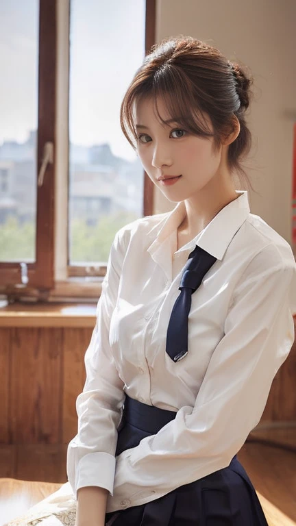 (masterpiece:1.2,   top quality), ( realistic , photo realistic :1.4),   beautiful illustration  , ( natural side lighting,   movie lights),   Deep Borders ,  1 Woman ,  Curly Hair ,   long hair,   bun hair , bangs, bangs, bangs, Clear White Collared Shirt ,   Long Sleeve  ,  Navy pleated skirt,  big  ,   clevis on a stone,   black bra,   Remove the buttons that expose the chest on the shirt , Thighs, Thighs, Thighs,   Earrings for Women Living Alone ,   standing, ((background:   school classroom), Thin arms, Thin arms, Thin arms, Thin legs, Thin legs, Thin legs