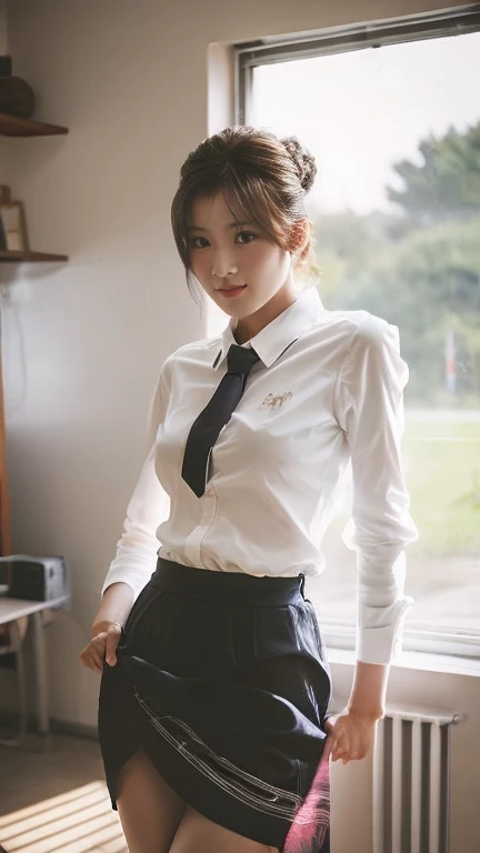 (masterpiece:1.2,   top quality), ( realistic , photo realistic :1.4),   beautiful illustration  , ( natural side lighting,   movie lights),   Deep Borders ,  1 Woman ,  Curly Hair ,   long hair,   bun hair , bangs, bangs, bangs, Clear White Collared Shirt ,   Long Sleeve  ,  Navy pleated skirt,  big  ,   clevis on a stone,   black bra,   Remove the buttons that expose the chest on the shirt , Thighs, Thighs, Thighs,   Earrings for Women Living Alone ,   standing, ((background:   school classroom), Thin arms, Thin arms, Thin arms, Thin legs, Thin legs, Thin legs