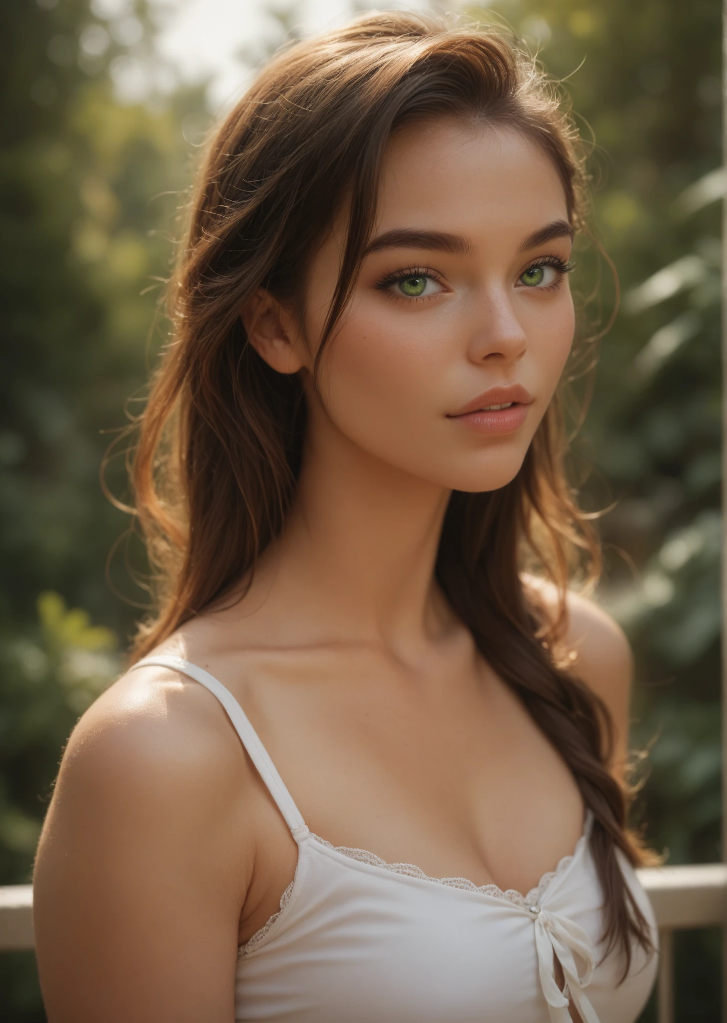 Portrait d'une femme rousse de 26 ans, Frenchwoman, navel close-up, Disjointed cream-colored linen bustier, les mains dans les cheveux, Ultra-detailed skin texture, sexuality, seduction, regard amoureux, Slight smile, river, rochers, forest, soleil couchant, cinematic rendering, 32K, .RAW, Canon EOS R5, Objectif 50mm, F/2.8, (mise au point nette)