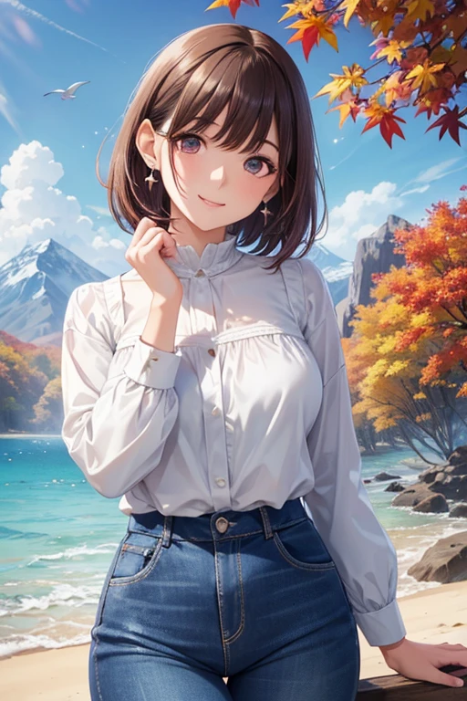  my grandmother、 Shiny Maroon Hair ,  short hair, ( brown pretty eyes、 sparkling eyes , Fine grain)、smile、 super detailed eyes、 Highly Detailed Faces,  extremely detailed eyes, Masterpiece , cowboy shot、One female、


  ( top quality,   high image quality,    high definition  , 8k),    Long Sleeve Blouse  ,  Denim pants , Beautiful single women,     ,  middle of chest,   Earrings for Women Living Alone ,  Look here,   sandy beach,   pose, smile, (Large Tree, bird, mountain, cloud,  fall leaves for vaginal discharge),  background, 